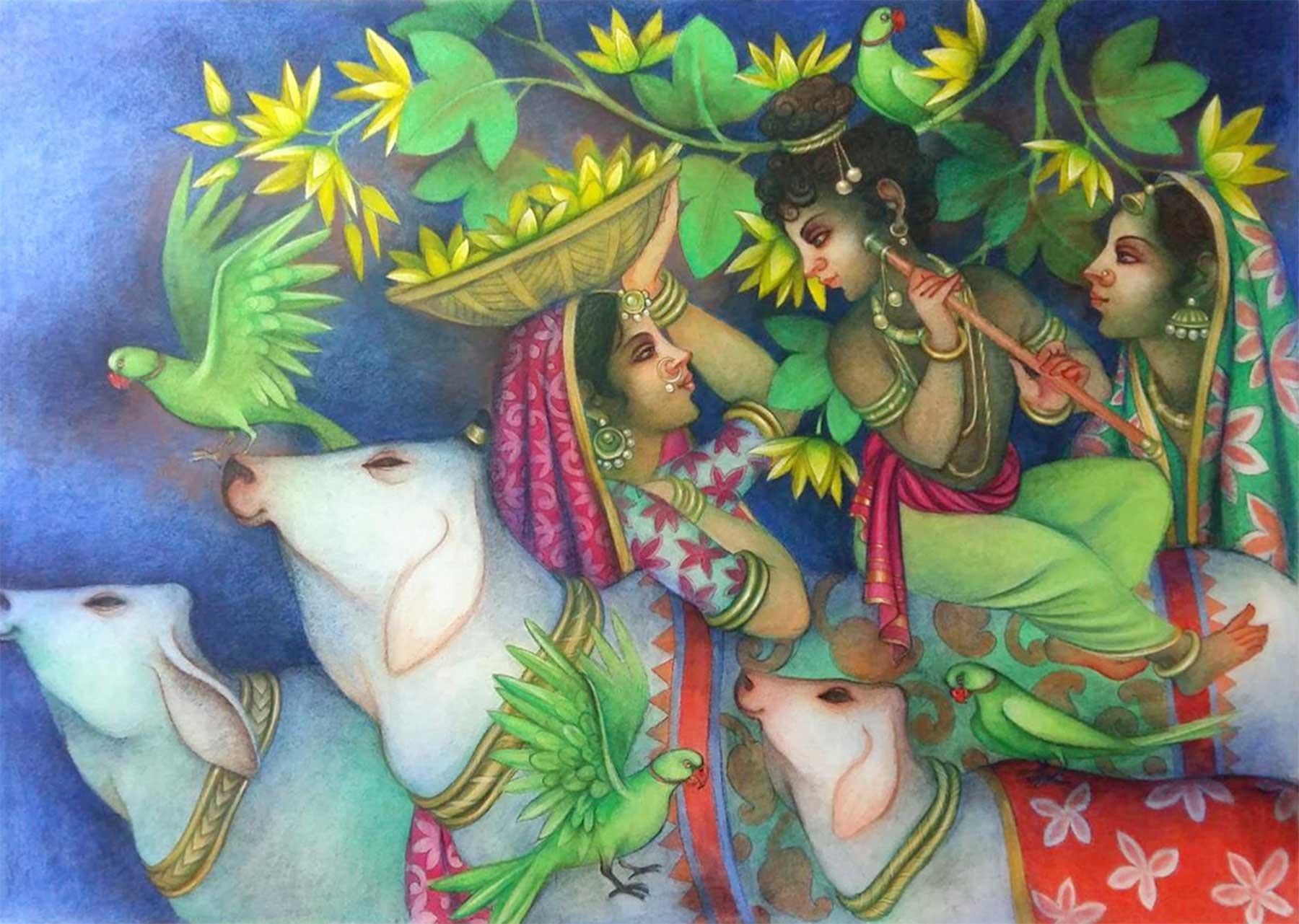 Krishna playing flute with Cows & Gopis, Tempera, Green, Red, Yellow "In Stock"