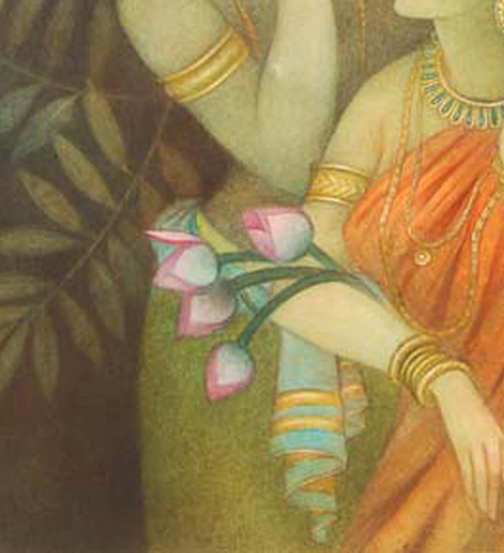 Krishna & Radha, Mythology, Tempera on canvas, Red, Pink, Green, Yellow