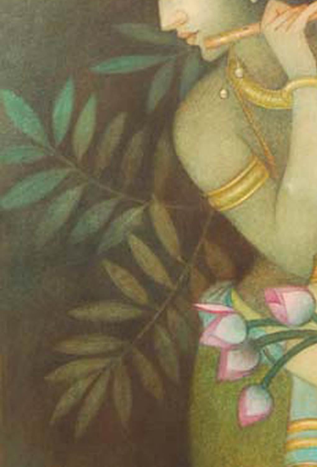 Krishna & Radha, Mythology, Tempera on canvas, Red, Pink, Green, Yellow