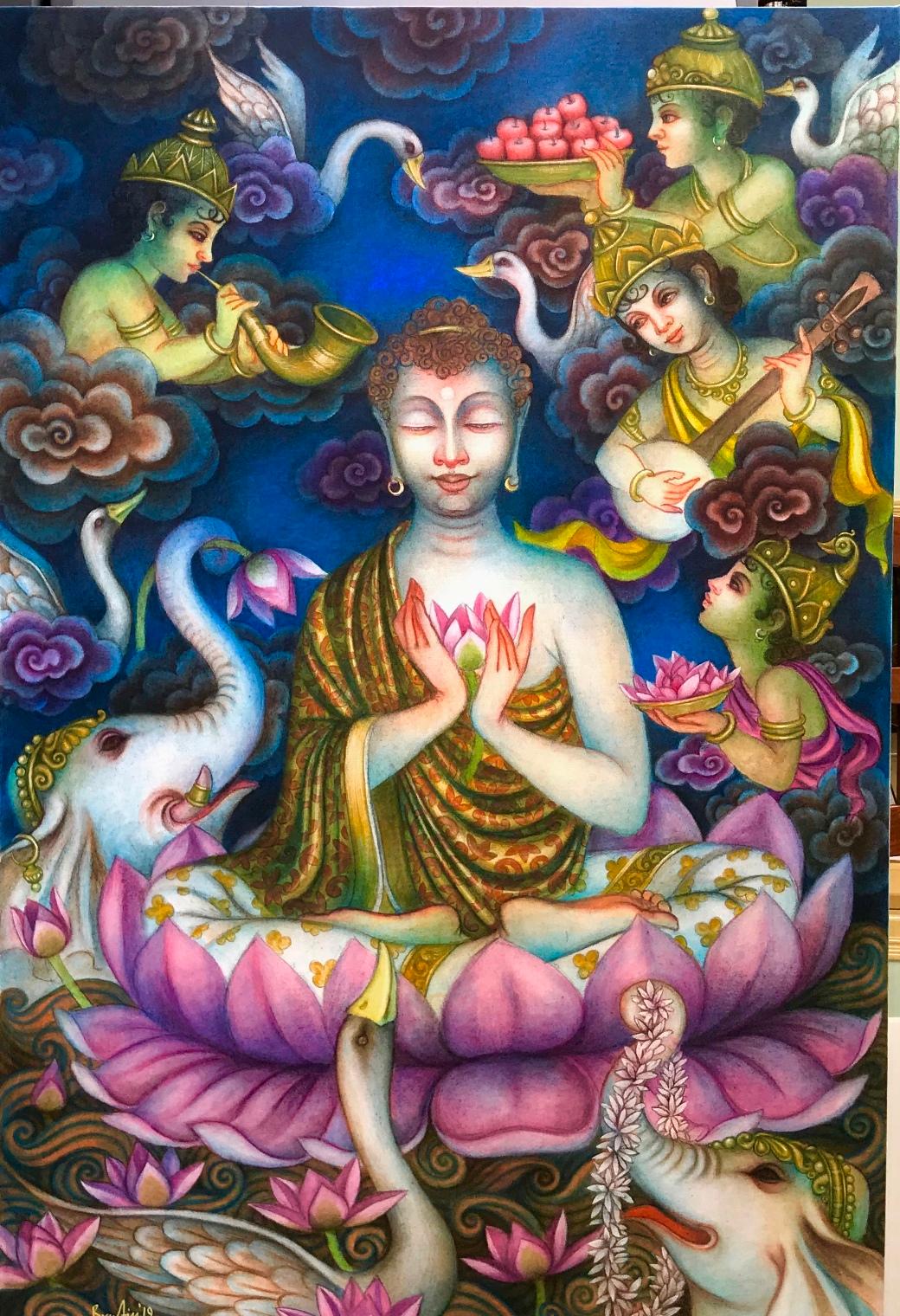 Bratin Khan Figurative Painting - Nirvana, Tempera on Canvas, Blue, Red, Pink by Contemporary Artist "In Stock"