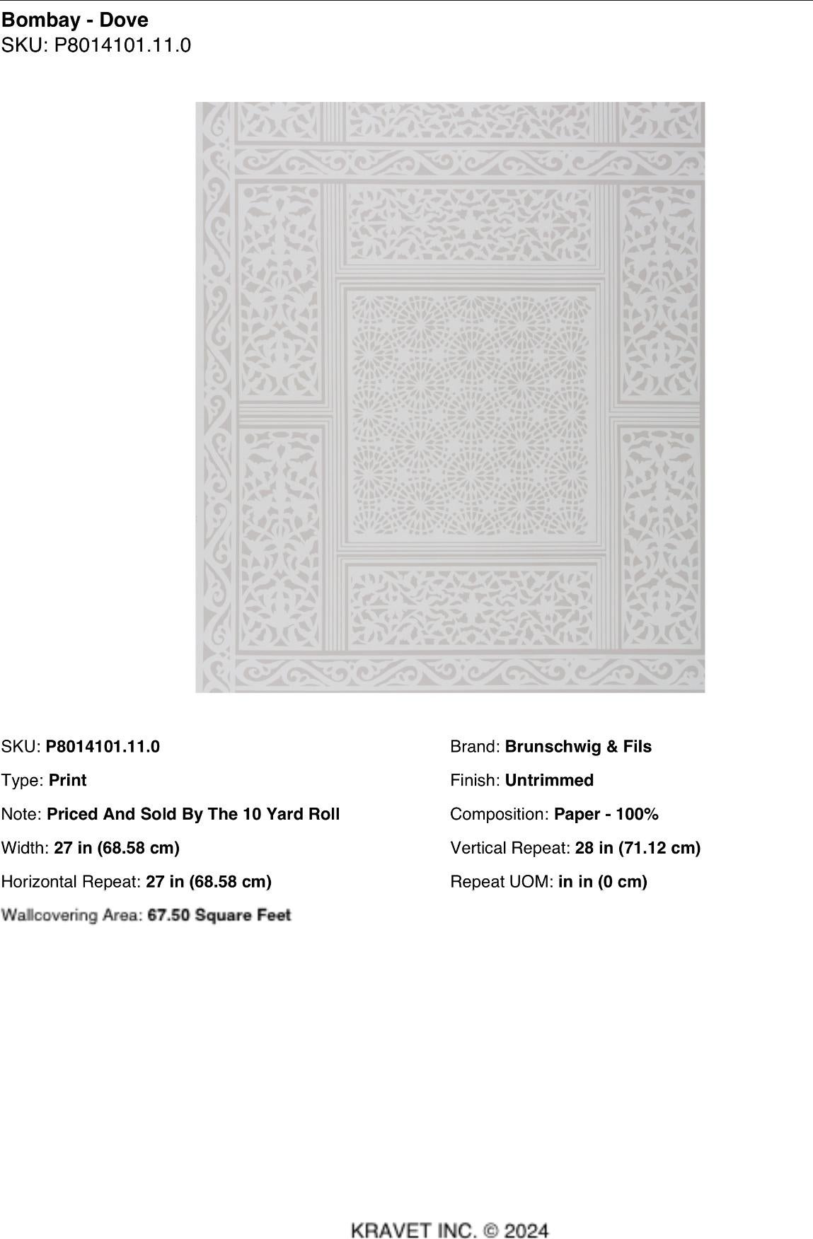 Américain Brunschwig and Fils Bombay, Dove, double rouleau de papier peint à la main, États-Unis. en vente