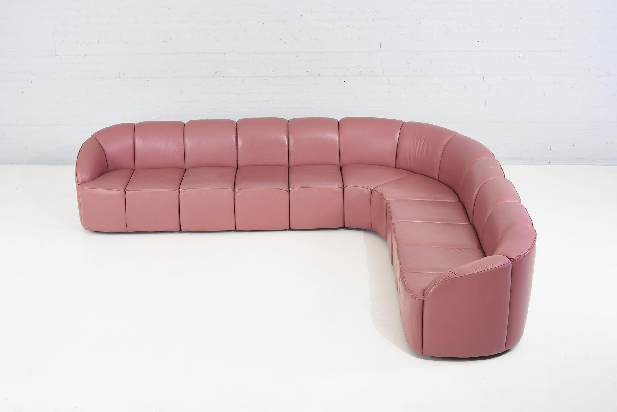 Brayton International pink leather 8 piece modular/sectional sofa, 1980. Original