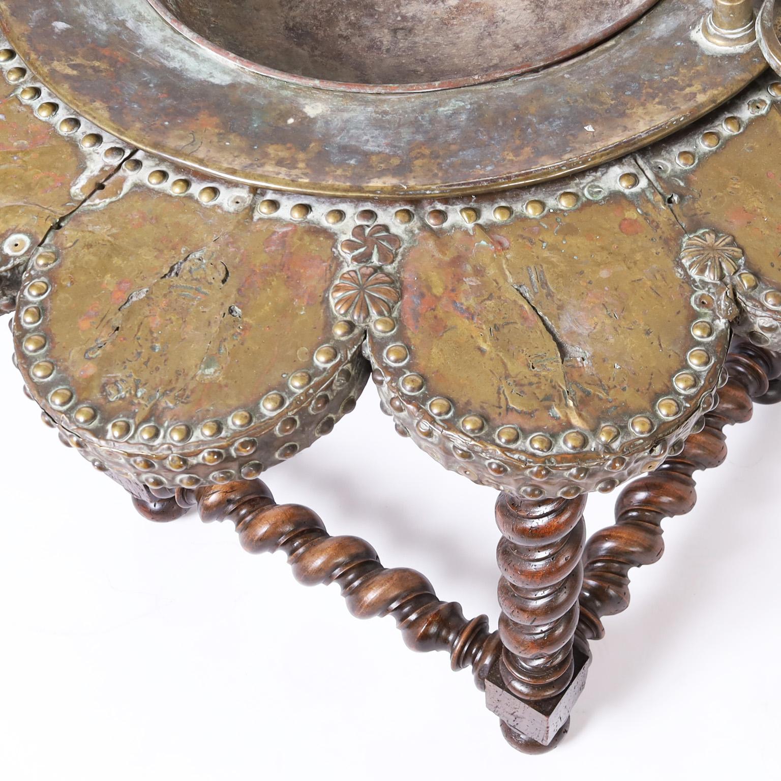 Hand-Crafted Brazier Table in Copper, Brass, and Wood For Sale