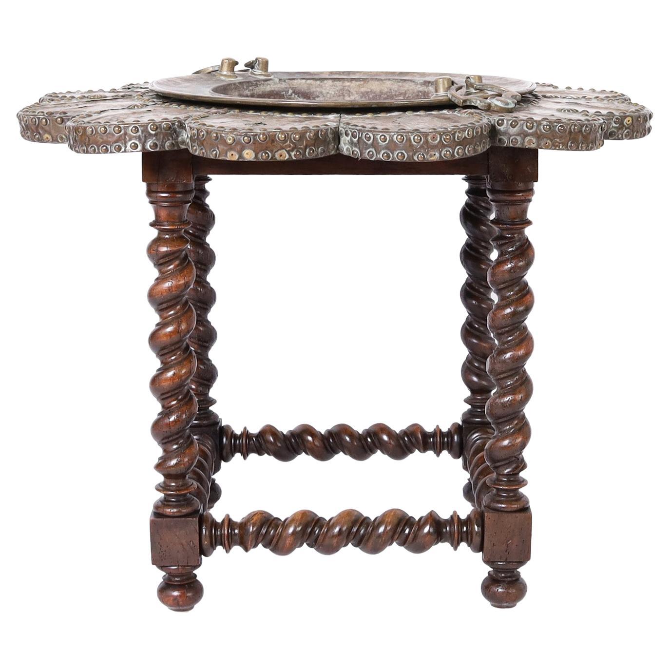 Brazier Table in Copper, Brass, and Wood For Sale