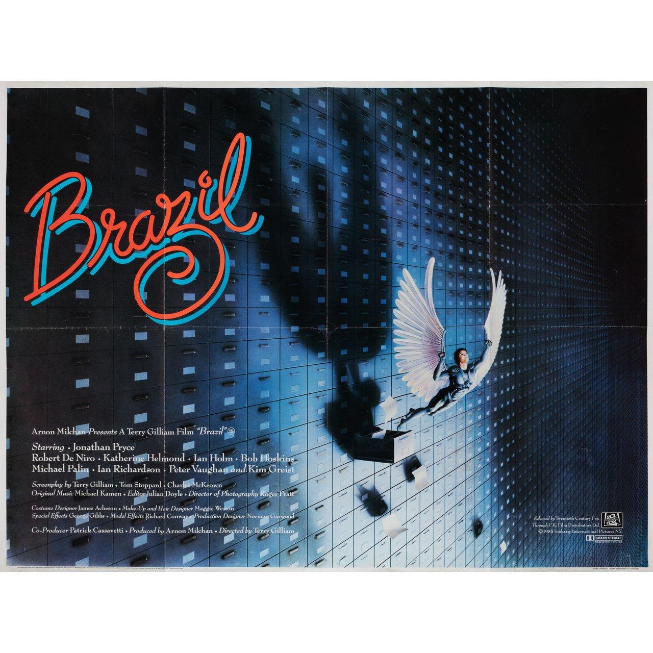 Original 1985 British quad poster for the film Brazil directed by Terry Gilliam with Jonathan Pryce / Robert De Niro / Katherine Helmond / Ian Holm. Very Good-Fine condition, folded. Many original posters were issued folded or were subsequently