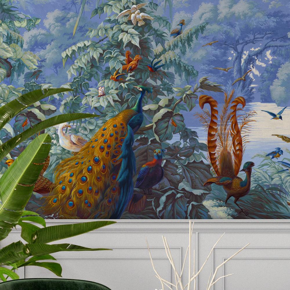 Our Brazil wallpaper is a re-creation of a classical tropical landscape mural featuring the beautiful birds, palms, and mountains of the Brazilian Amazon. The mural is comprised of 5 panels which span across 15 linear feet in total. In addition to