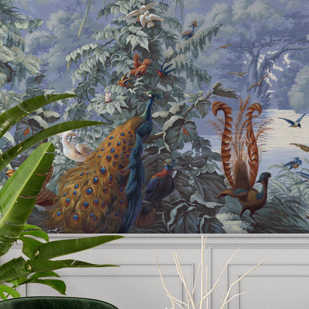 Notre papier peint Brésil est une recréation d'une fresque classique de paysage tropical représentant les magnifiques oiseaux, palmiers et montagnes de l'Amazonie brésilienne. La peinture murale se compose de 5 panneaux qui s'étendent sur 15 pieds
