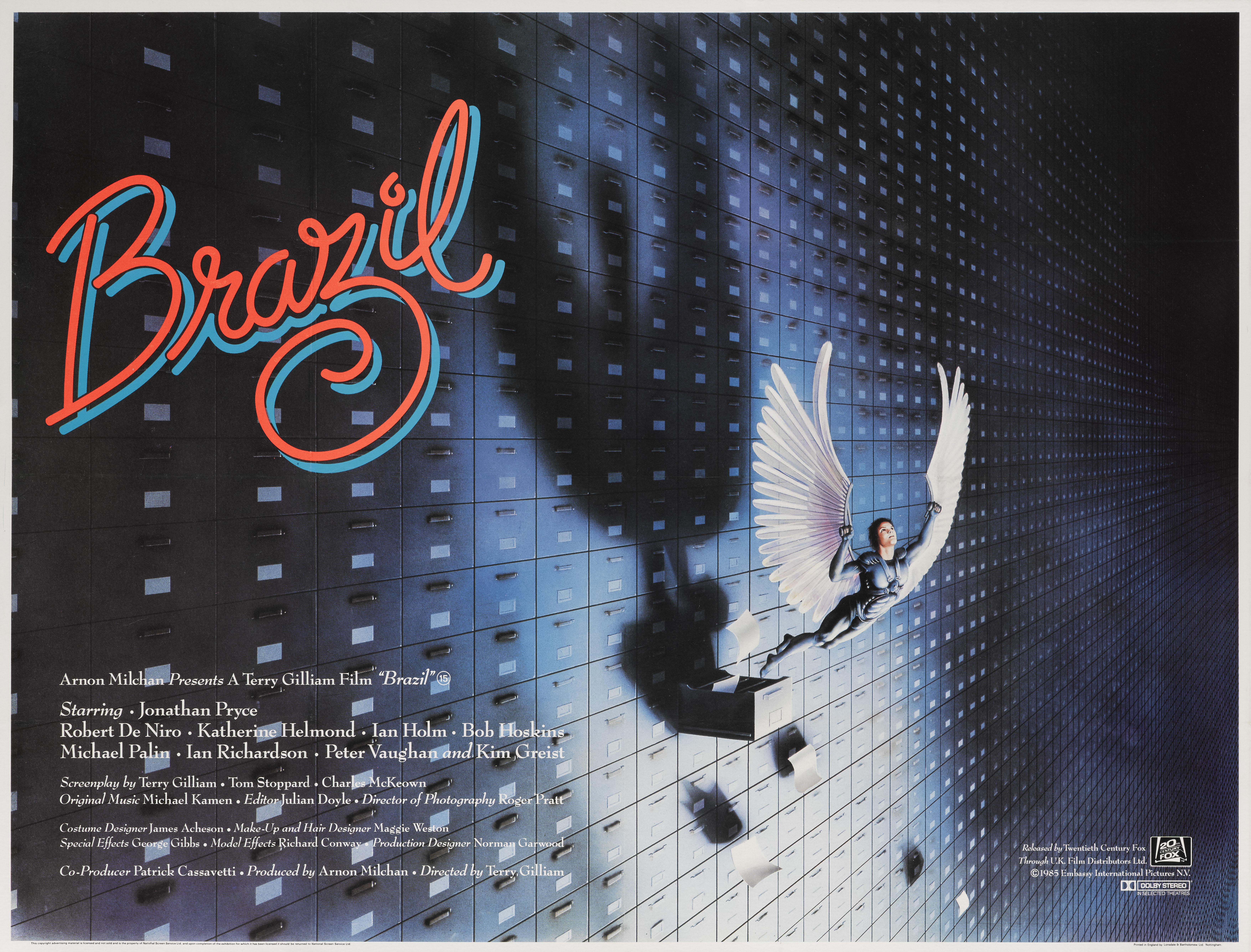 Originales britisches Filmplakat für den Science-Fiction-Fantasyfilm Brazil von 1985.
Der Film wurde unter der Regie von Terry Gilliam mit Jonathan Price, Kim Greist und Robert De Niro in den Hauptrollen gedreht.
Dies ist das Plakat im Stil B mit