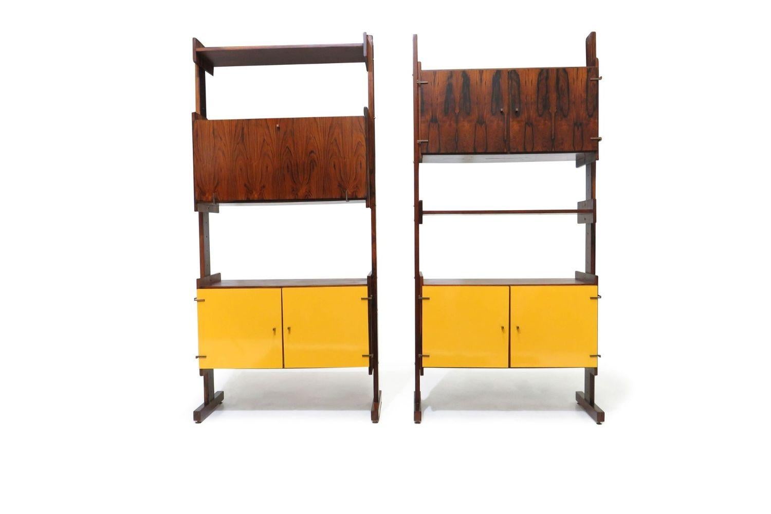 Brazilian rosewood room divider bookcase with adjustable cabinets and shelves with yellow formica front and drop front cabinet. 
Measurements
W 34'' x D 14.75'' x 72''