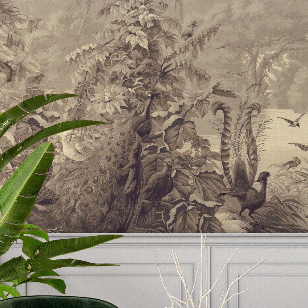 Our Brazil wallpaper is a re-creation of a classical tropical landscape mural featuring the beautiful birds, palms, and mountains of the Brazilian Amazon. The mural is comprised of 5 panels which span across 15 linear feet in total. In addition to