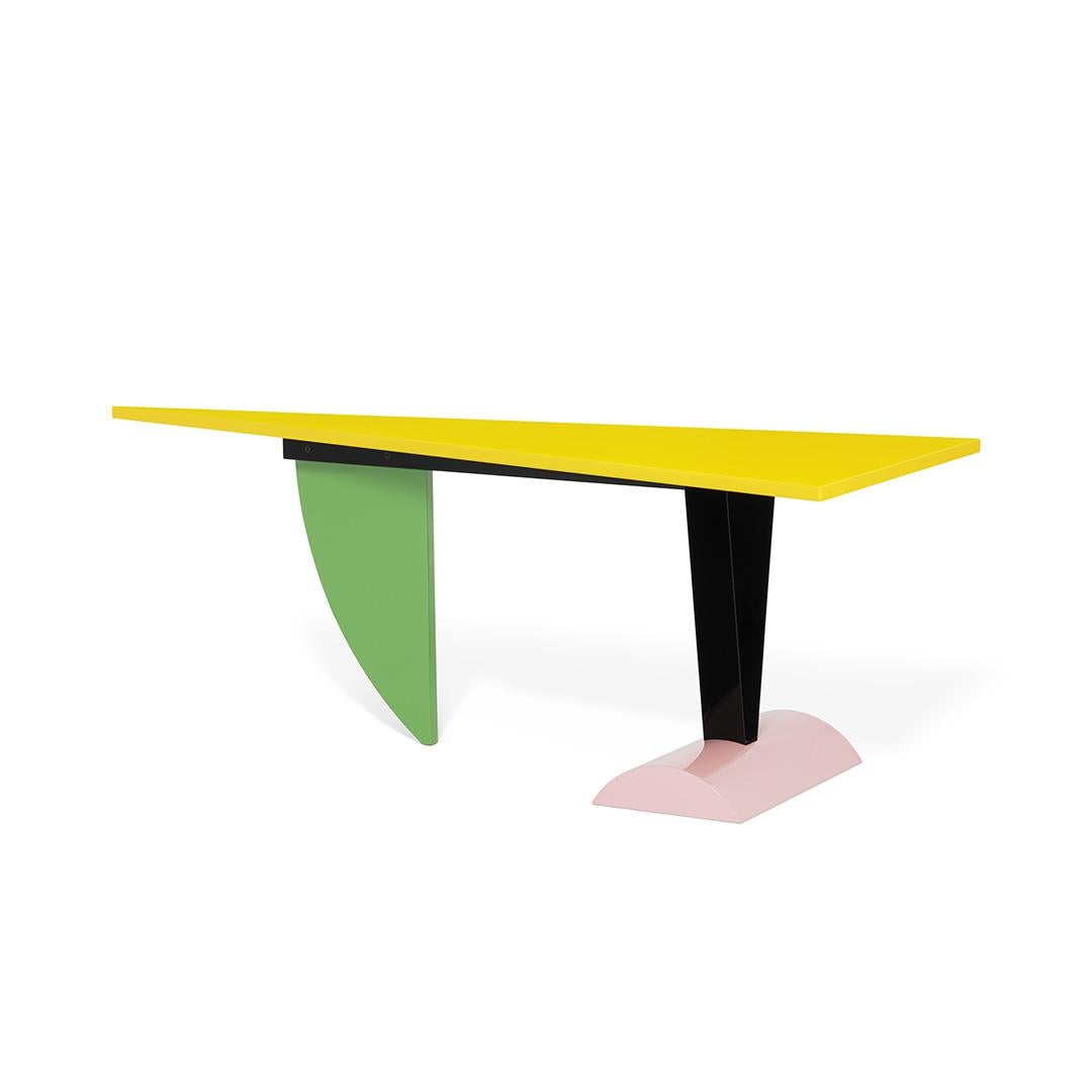 The Brazil side and console table in lacquered wood, was originally designed in 1981 by Peter Shire. 

Peter Shire is a Los Angeles artist. Shire was born in the Echo Park district of Los Angeles, where he currently lives and works. His sculpture,