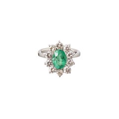 Brazilian 14k Gold Emerald and Diamond Cluster Ring, 1.60 Carat Emerald