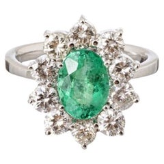 Brazilian 14k Gold Emerald and Diamond Cluster Ring, 1.60 Carat Emerald