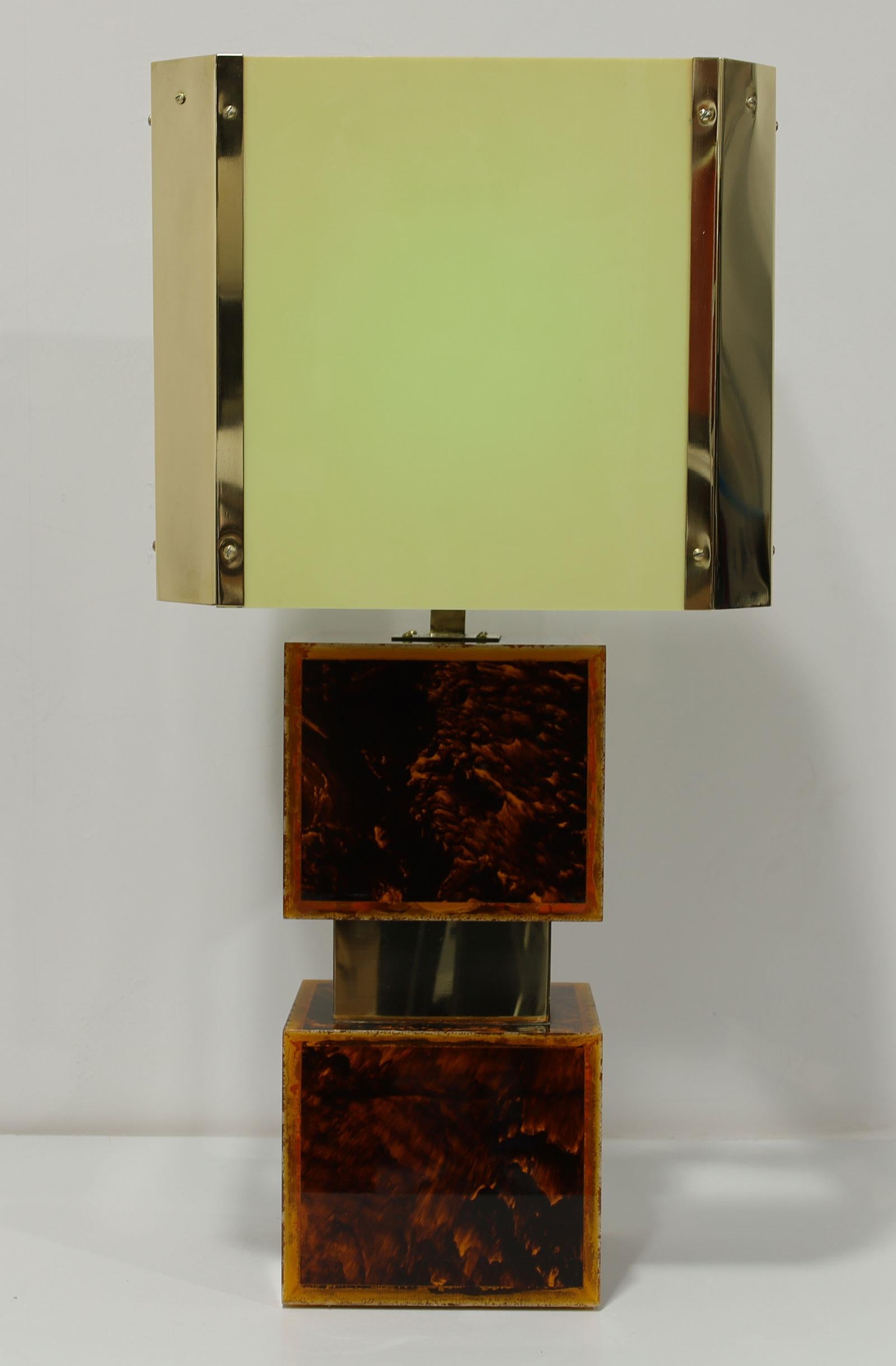 Peppen Sie Ihren Raum mit diesem einzigartigen und großen Paar Tischlampen aus Acryl, Harz und Messing auf, die in Brasilien hergestellt wurden. Die markanten Sockel, die aus zwei großen, mit Harz gefüllten Acrylwürfeln in einem fesselnden