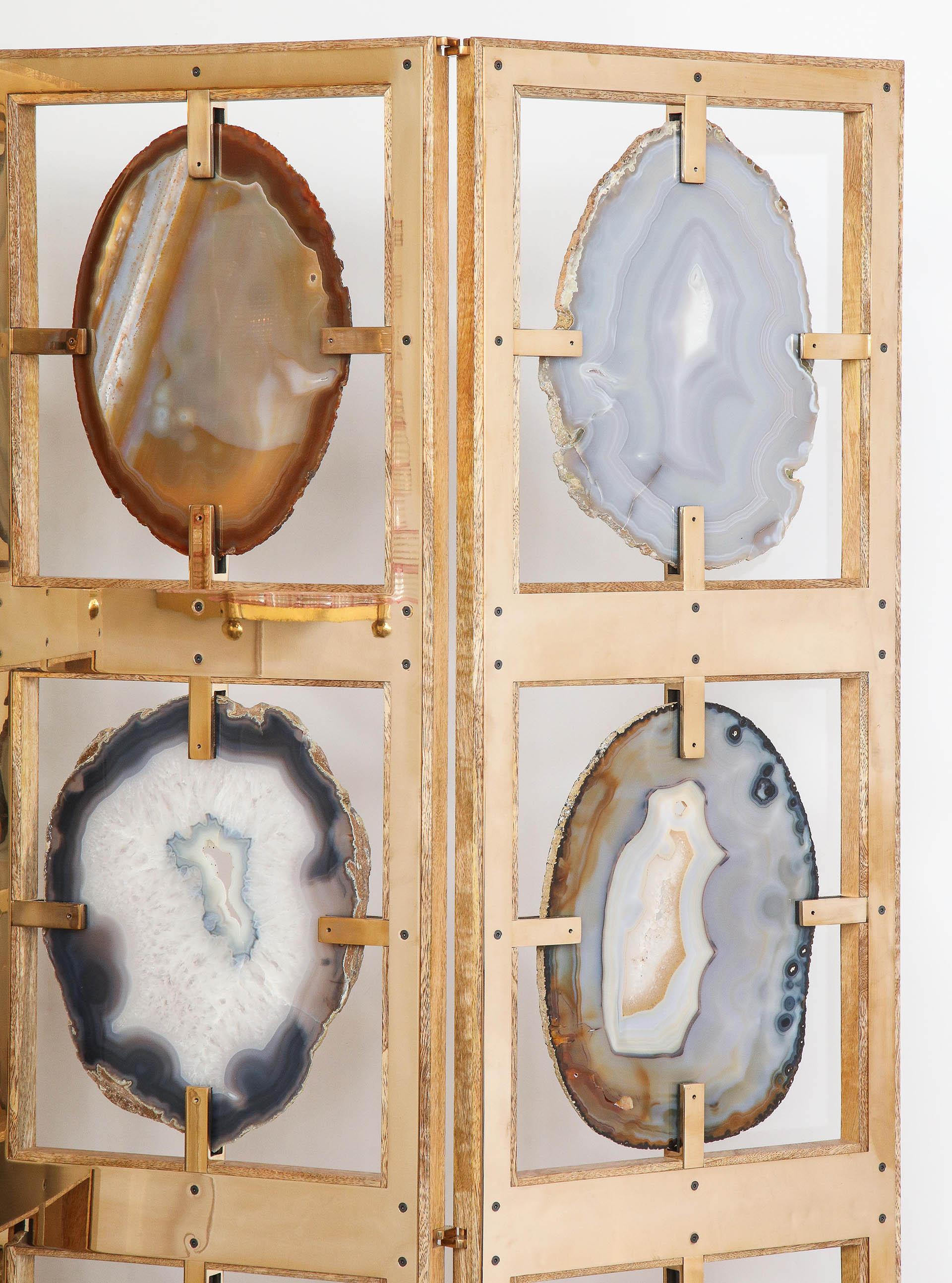 Brazilian Agate Mirror Polished Bronze 4-Panel Screen For Sale 2