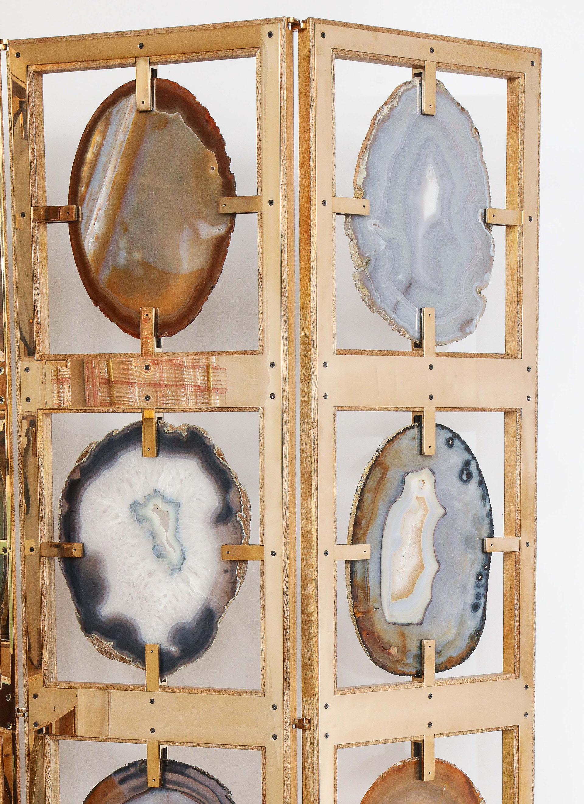 Brazilian Agate Mirror Polished Bronze 4-Panel Screen For Sale 3