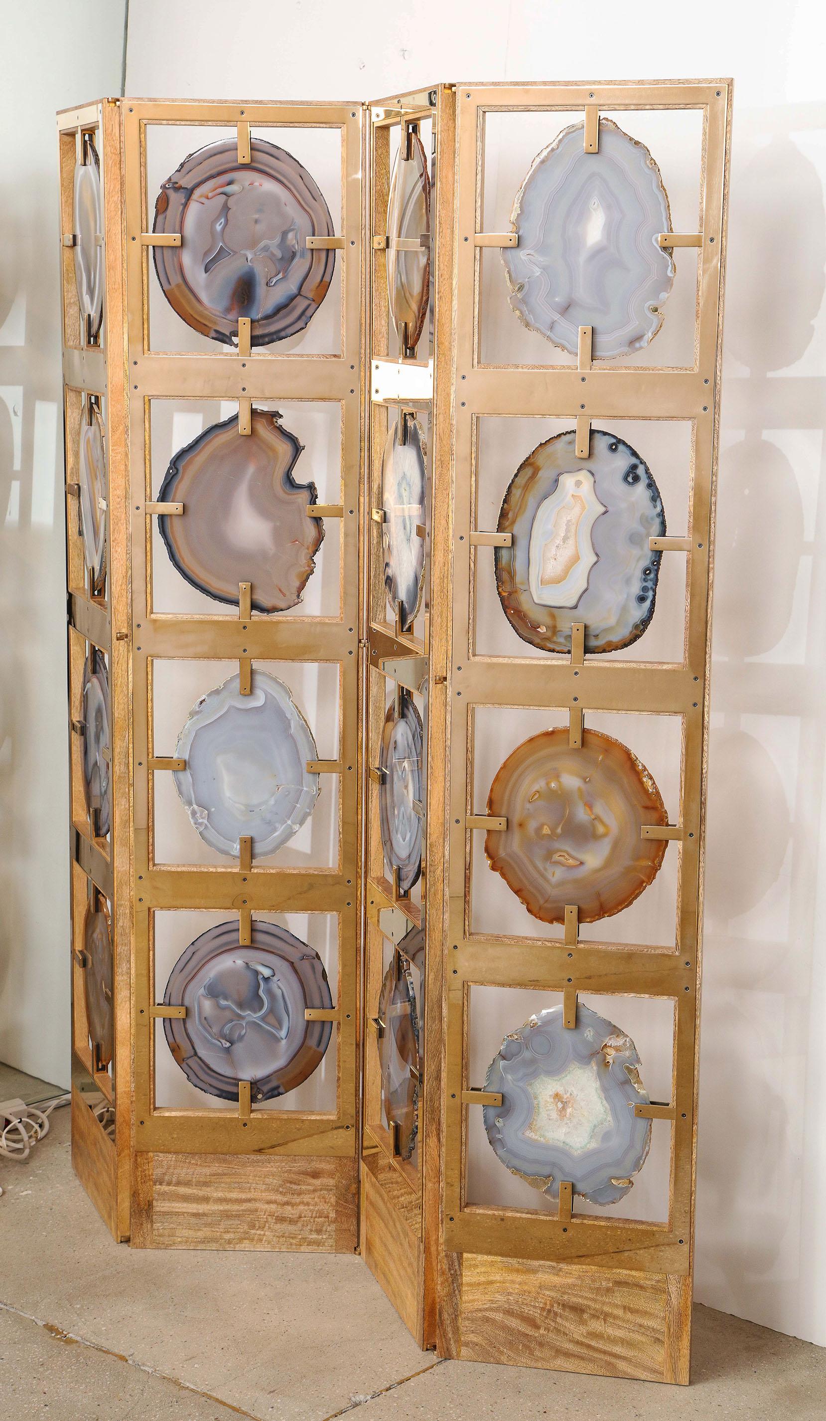 Brazilian Agate Mirror Polished Bronze 4-Panel Screen For Sale 4