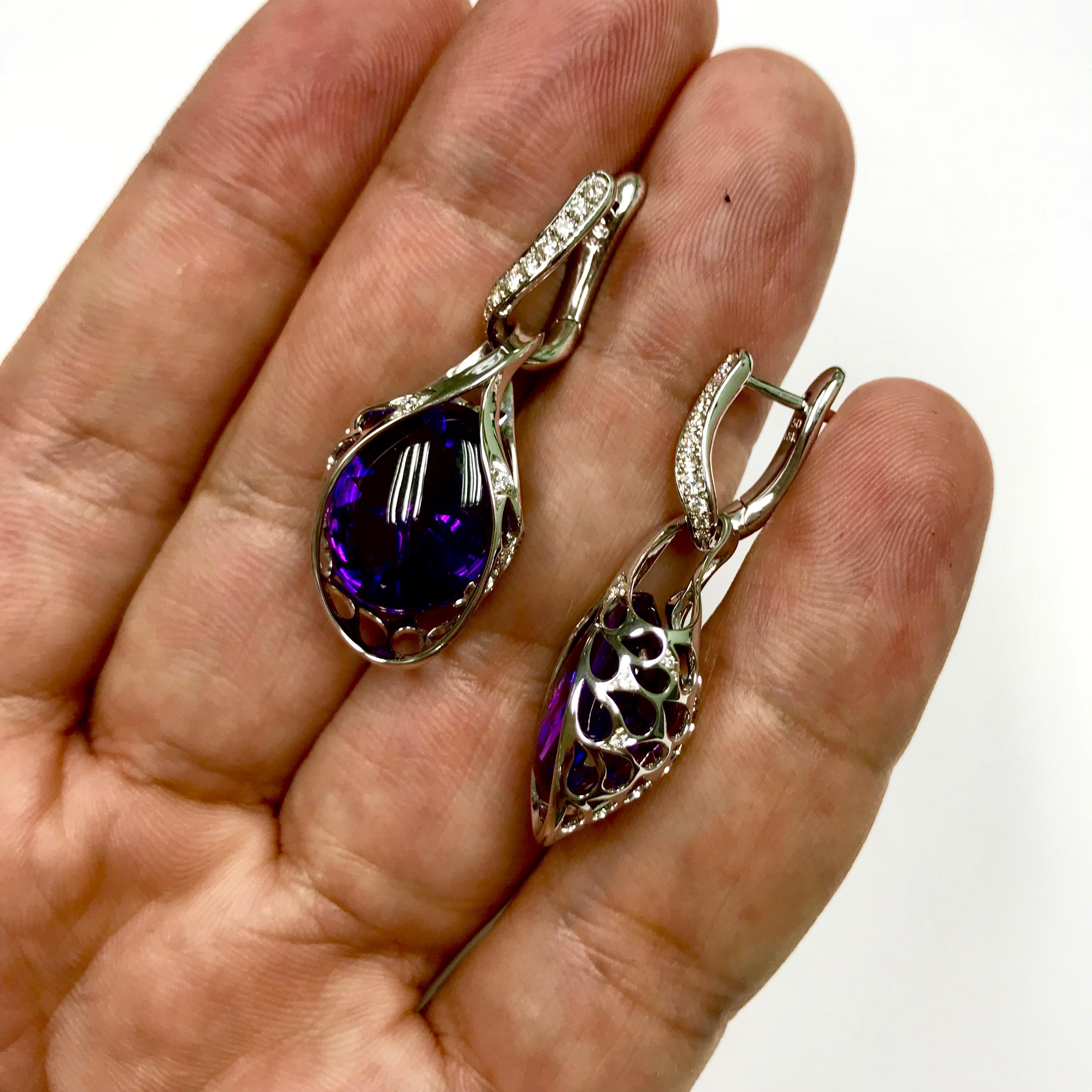 Oval Cut Brazilian Amethyst Diamond 18 Karat White Gold Dangle Earrings For Sale