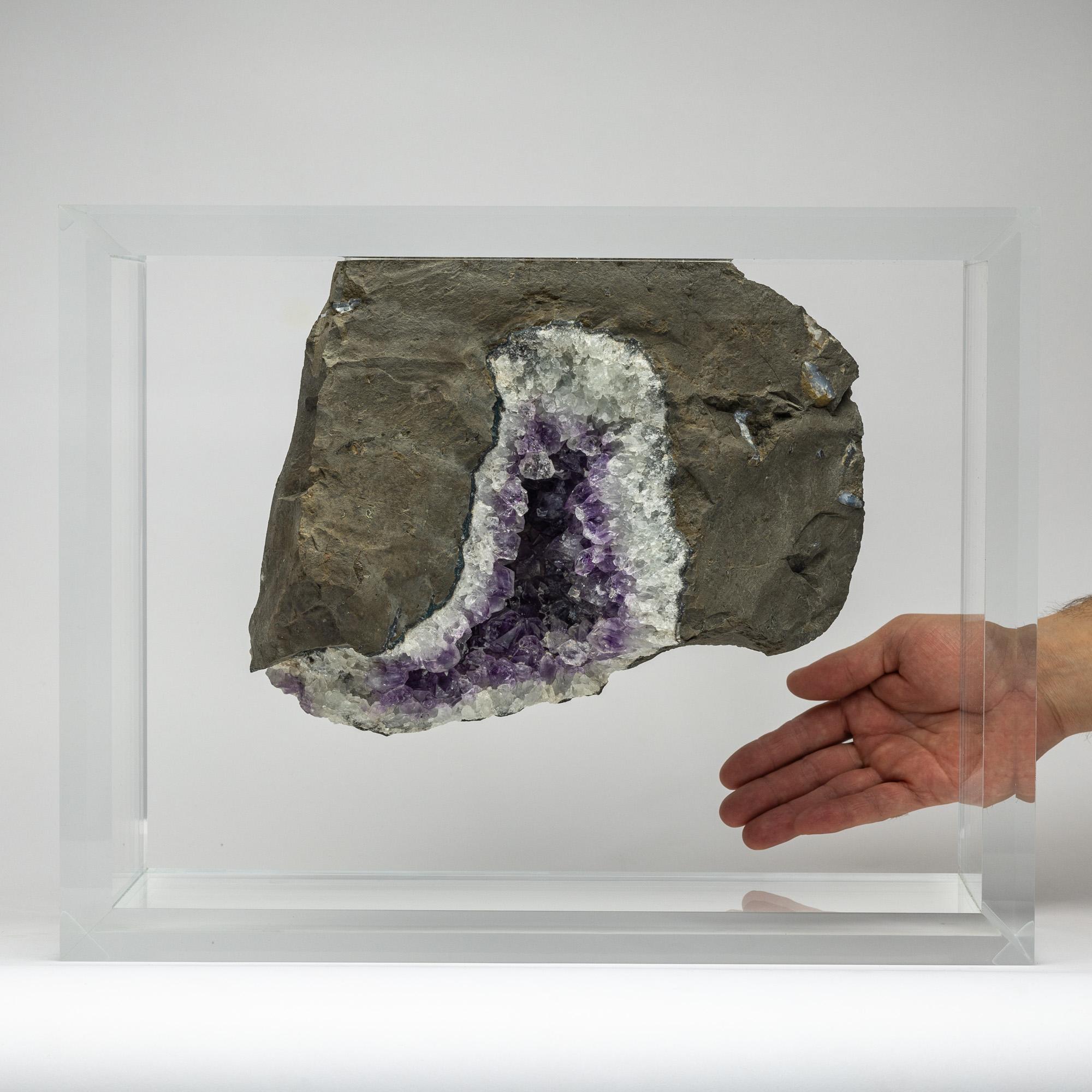 Un spécimen unique de géode d'améthyste de forme libre avec du basalte du Brésil. Avec d'impressionnantes grandes pointes de cristal violet, recouvertes de plus petites pointes et de cristallisations de quartz blanc.  Monté dans un étui en acrylique