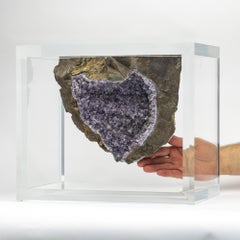 Brazilian Amethyst Geode with basalt mounted in original design acrylic base