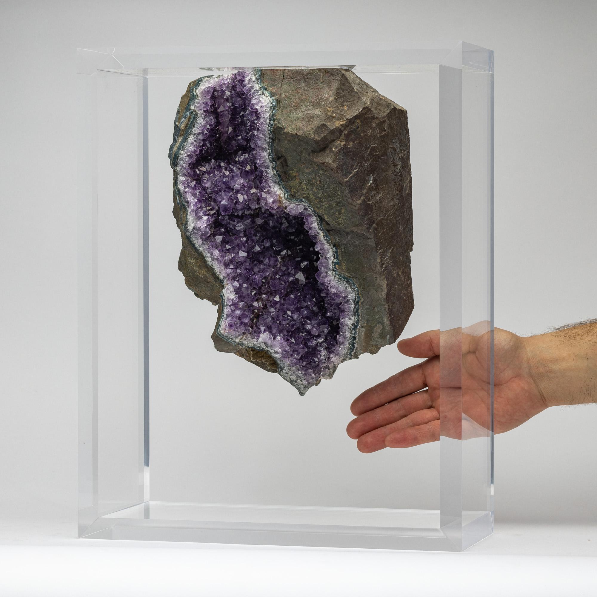 Organic Modern Brazilian Amethyst Geode with basalt mounted in original design acrylic base For Sale