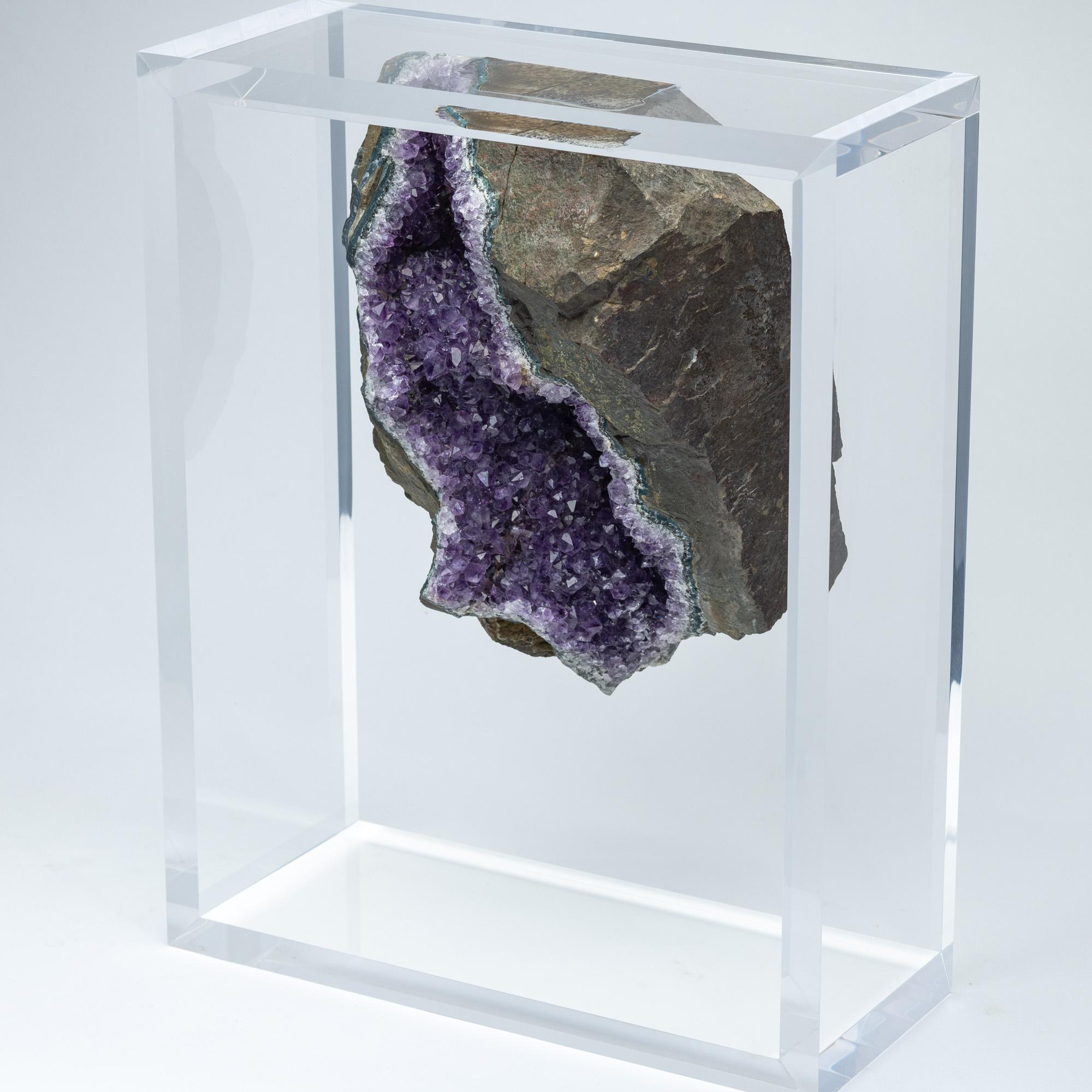 Mexican Brazilian Amethyst Geode with basalt mounted in original design acrylic base For Sale