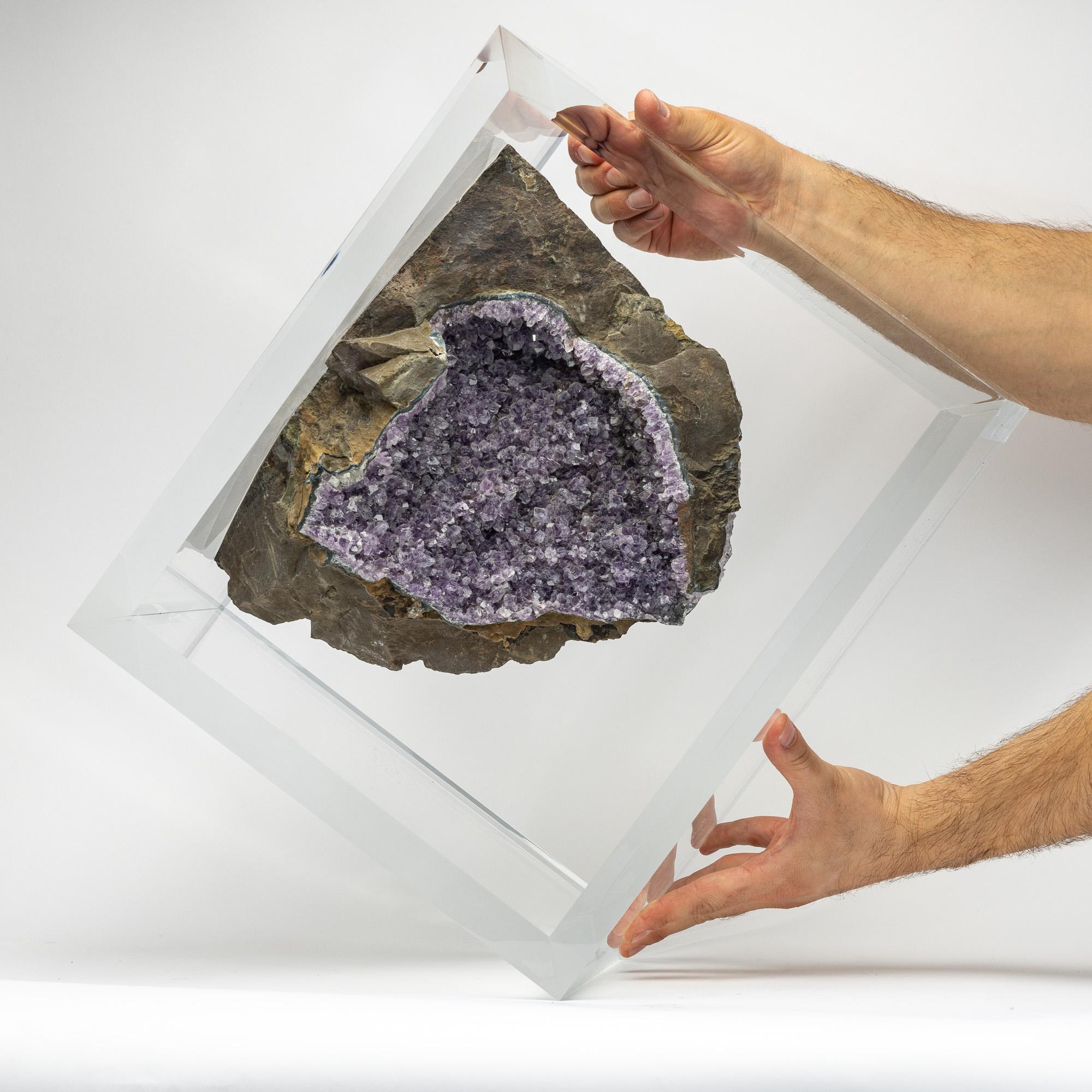 Mexican Brazilian Amethyst Geode with basalt mounted in original design acrylic base For Sale