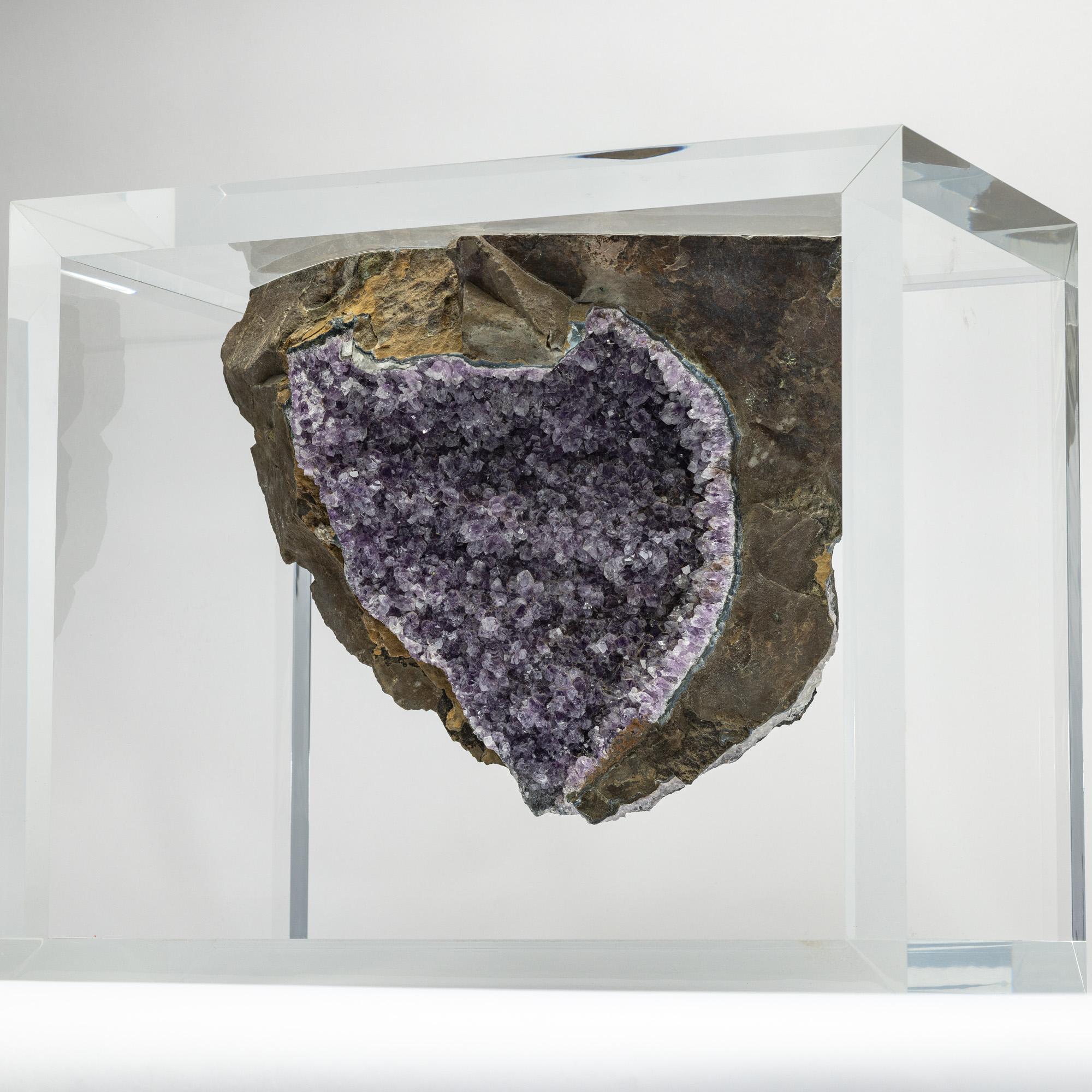 Brazilian Amethyst Geode with basalt mounted in original design acrylic base In New Condition For Sale In Polanco, CDMX