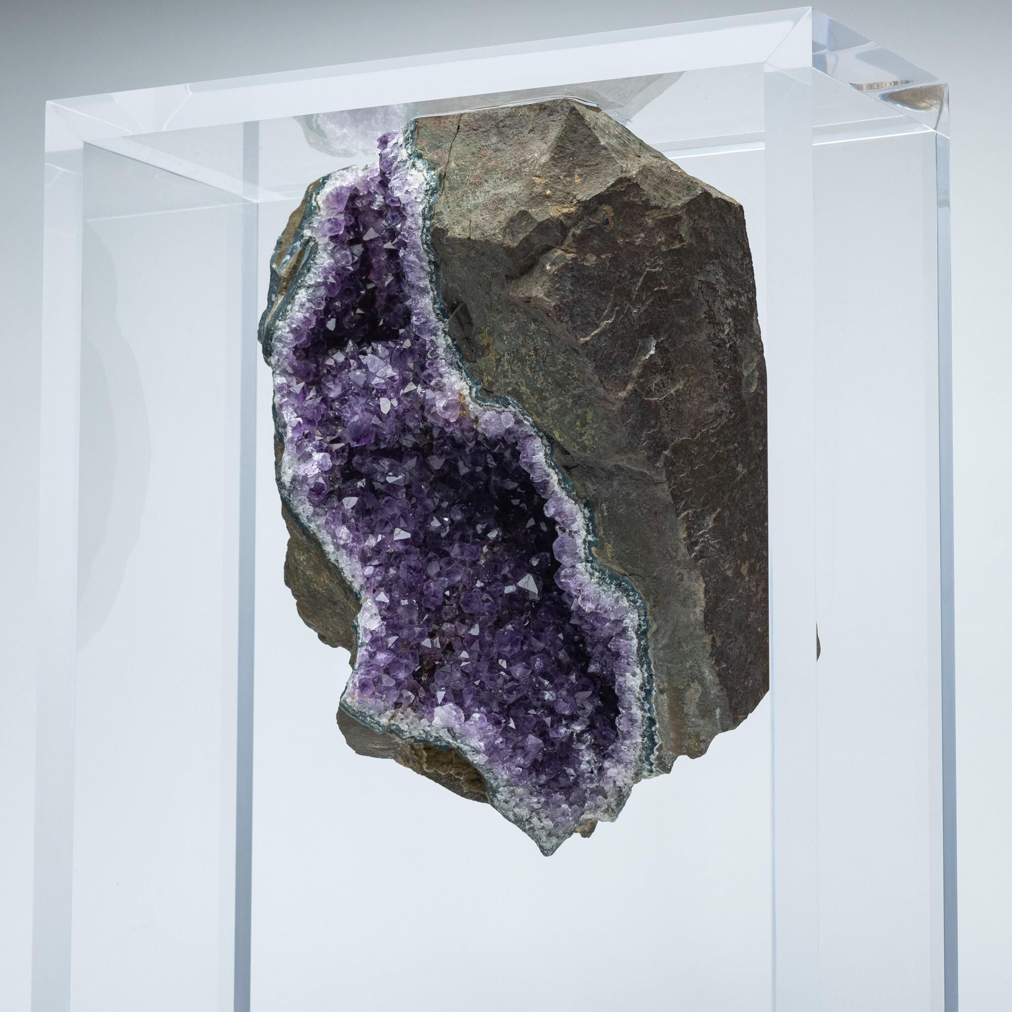 Contemporary Brazilian Amethyst Geode with basalt mounted in original design acrylic base For Sale