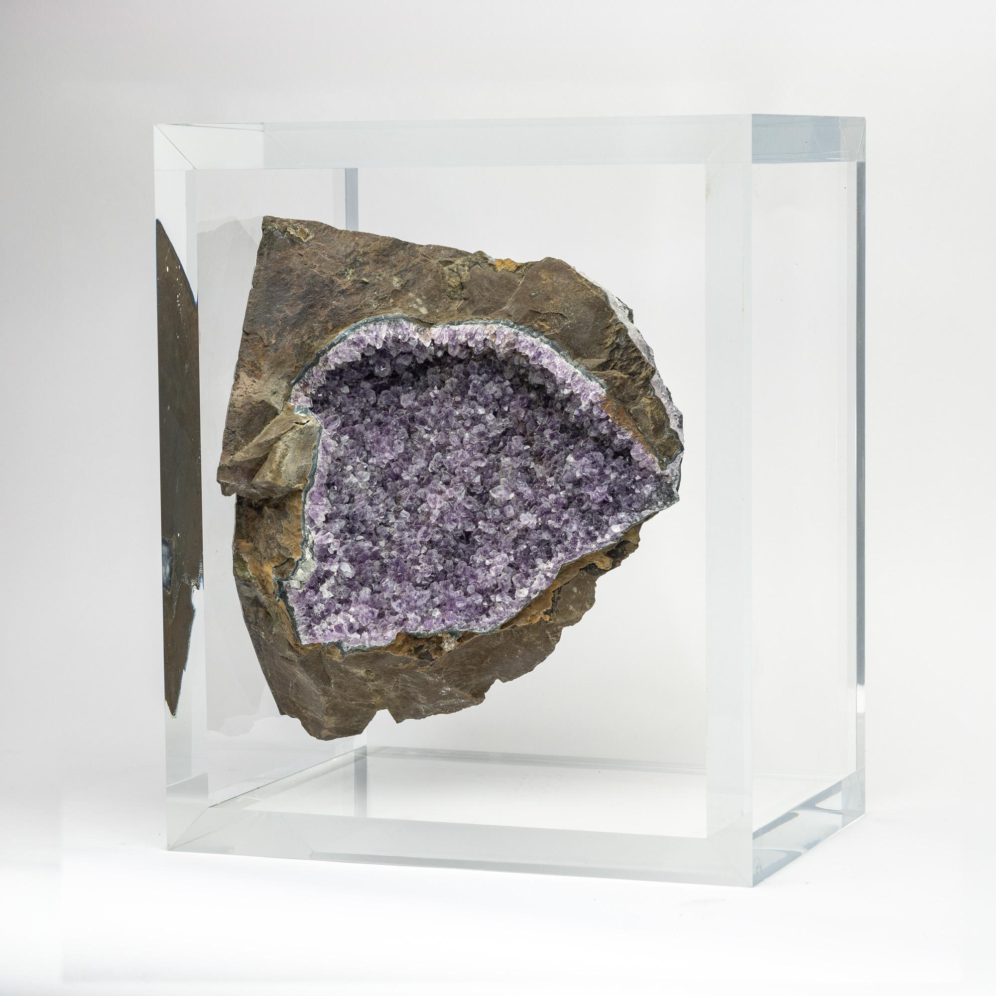 Contemporary Brazilian Amethyst Geode with basalt mounted in original design acrylic base For Sale