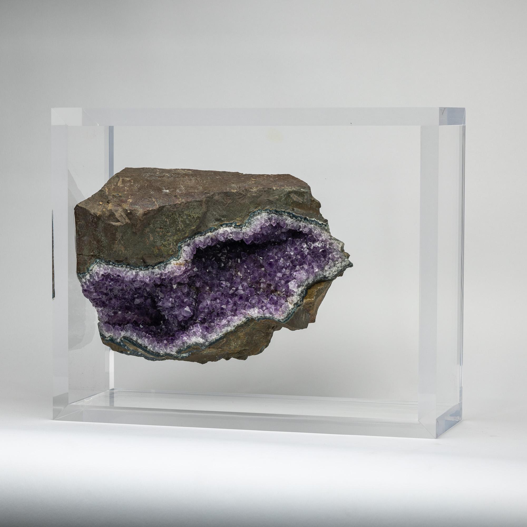 Brazilian Amethyst Geode with basalt mounted in original design acrylic base For Sale 1