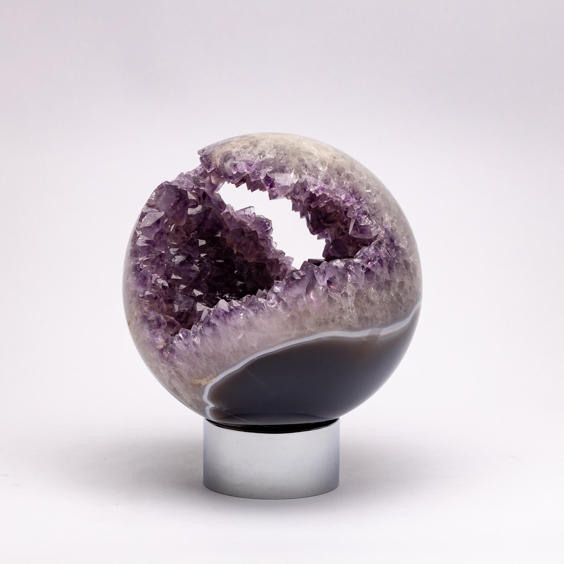 One of a kind Brazilian amethyst / agate sphere mounted on a nickel-plated metal ring.
