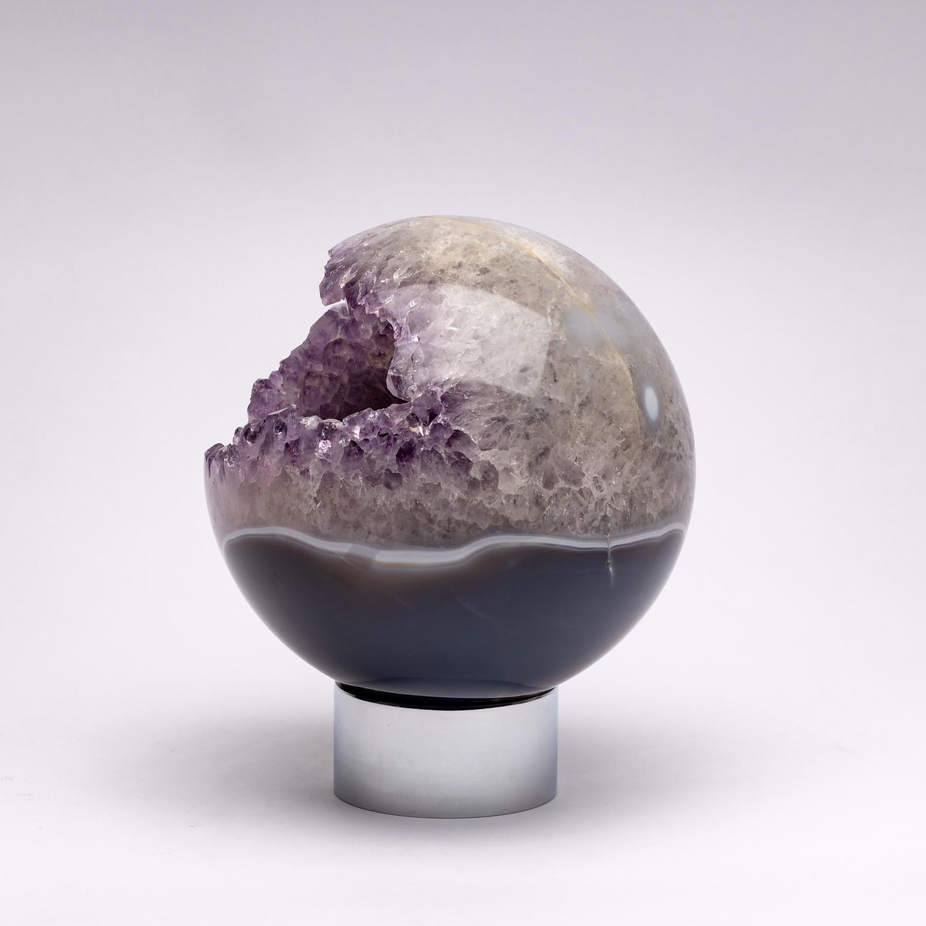 Organic Modern Brazilian Amethyst Quartz Crystal Sphere Mounted on a Nicke-Plated Metal Ring
