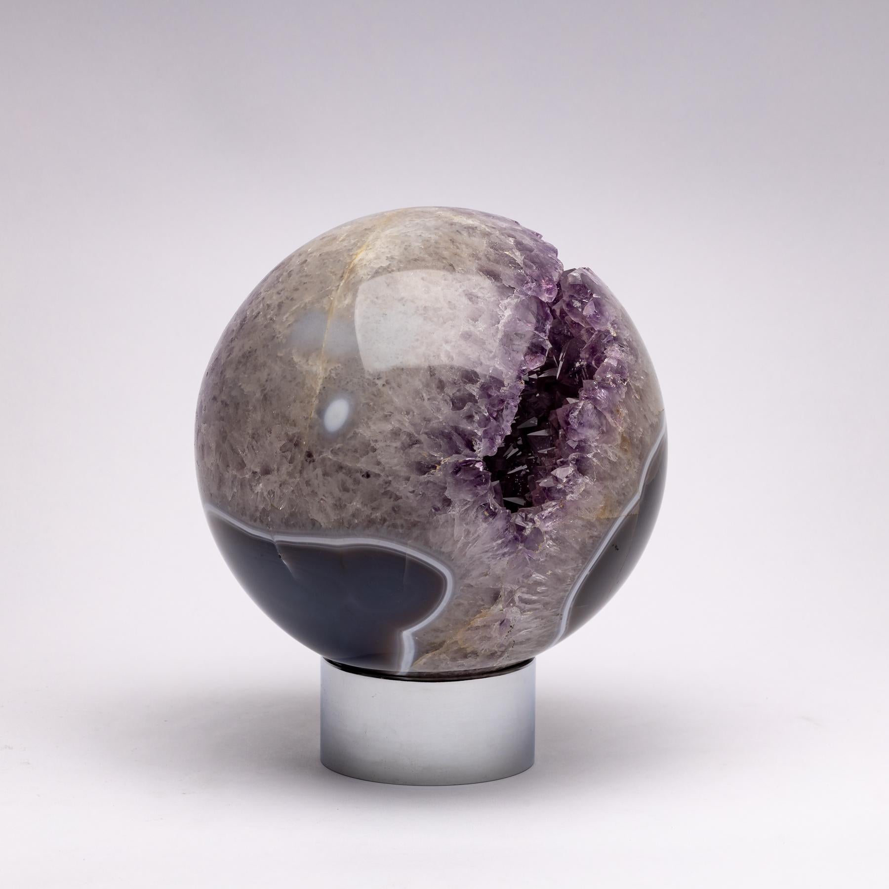 Mexican Brazilian Amethyst Quartz Crystal Sphere Mounted on a Nicke-Plated Metal Ring