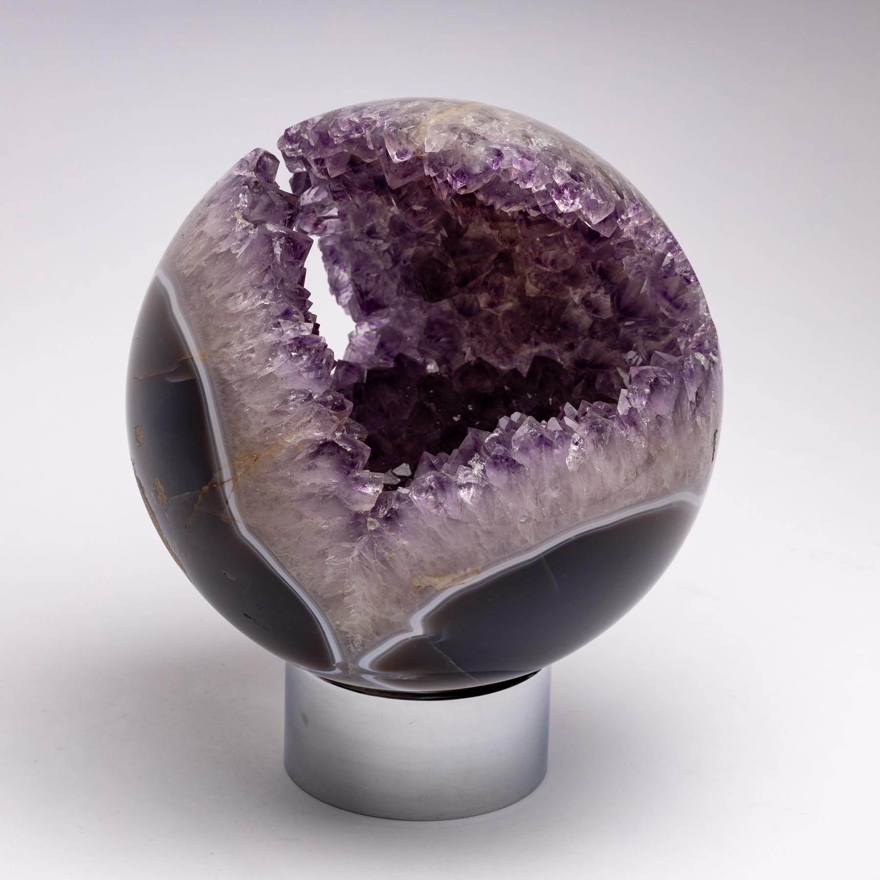Contemporary Brazilian Amethyst Quartz Crystal Sphere Mounted on a Nicke-Plated Metal Ring