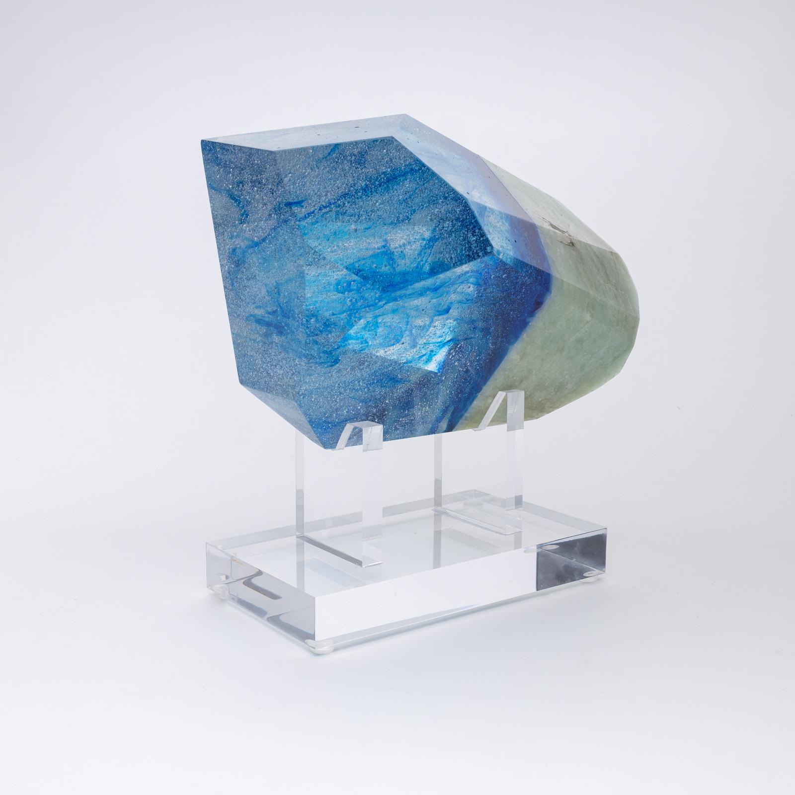 Organic Modern Brazilian Aquamarine and Blue Glass Sculpture on Acrylic Base For Sale