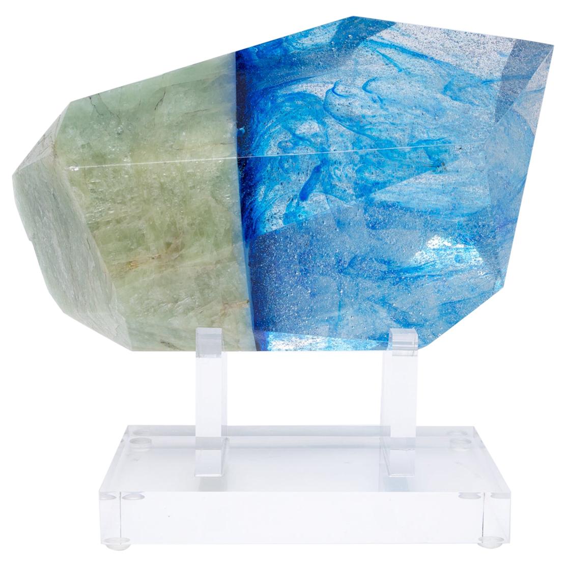 Brazilian Aquamarine and Blue Glass Sculpture on Acrylic Base
