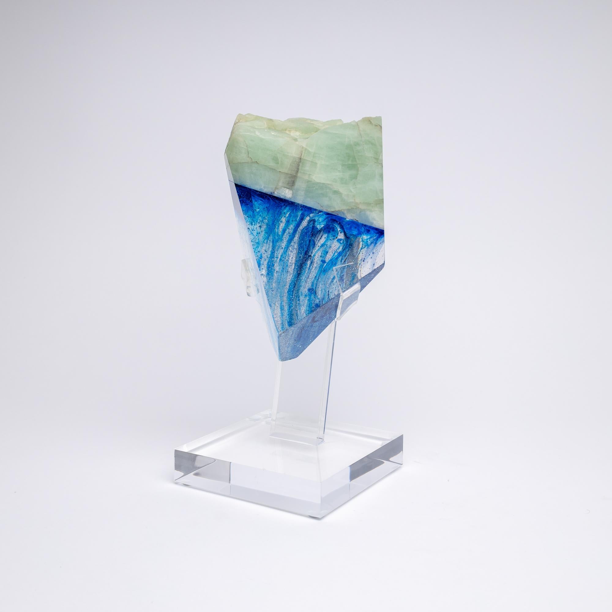 Mexican Brazilian Aquamarine and Blue Hues Organic Faceted Glass Fusion Sculpture For Sale