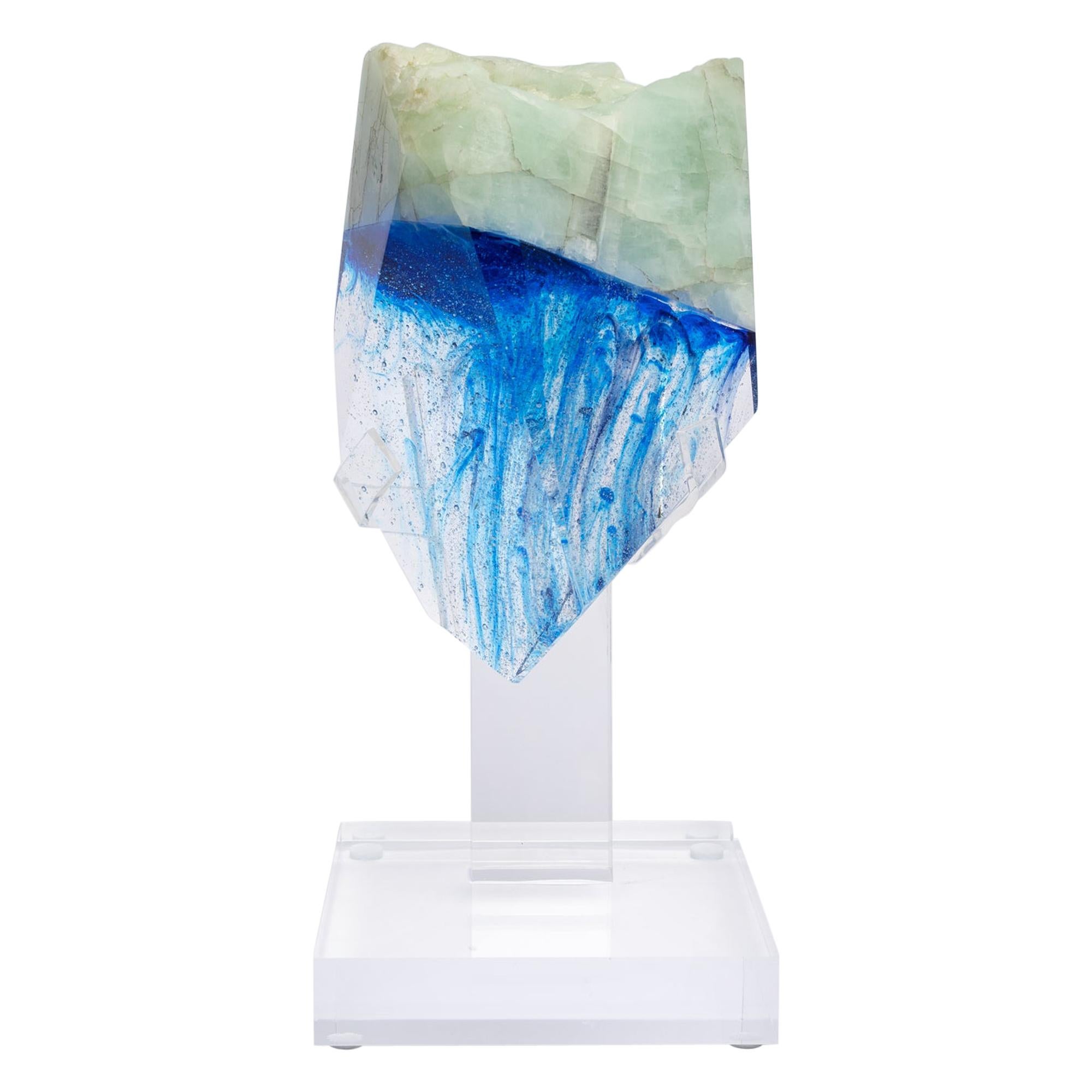 Brazilian Aquamarine and Blue Hues Organic Faceted Glass Fusion Sculpture