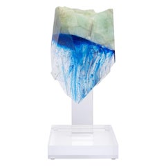 Sculpture de fusion en verre organique à facettes d'aigue-marine brésilienne et de teintes bleues