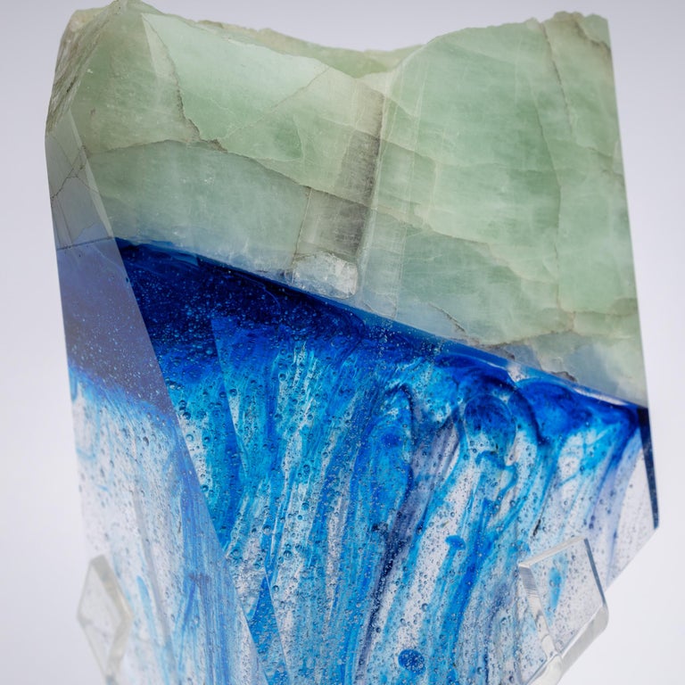 Contemporary Brazilian Aquamarine and Blue Shade Organic Shape Glass Fusion Sculpture For Sale