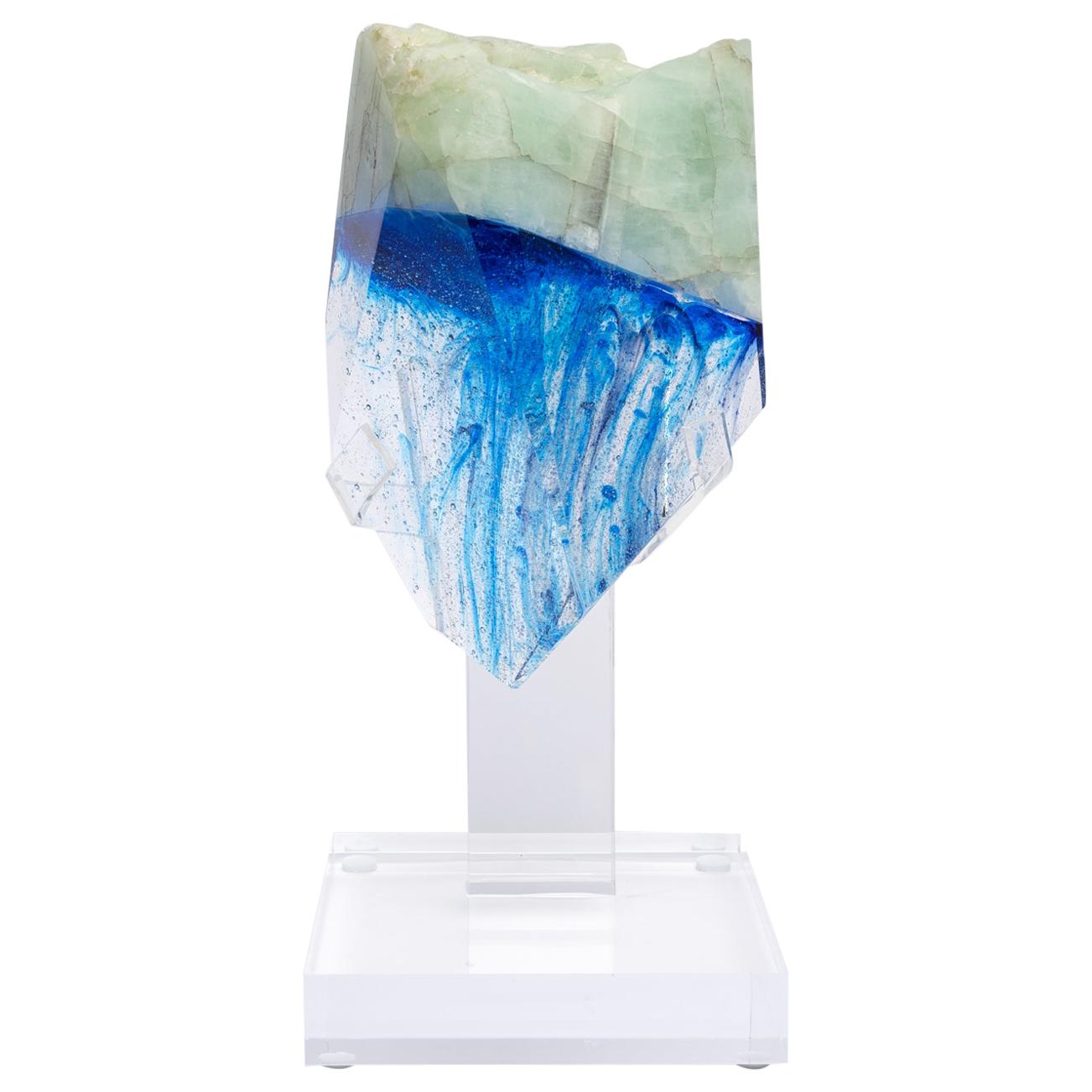 Sculpture de fusion en verre de forme organique avec aigue-marine brésilienne et abat-jour bleu