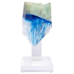 Brazilian Aquamarine and Blue Shade Organic Shape Glass Fusion Sculpture