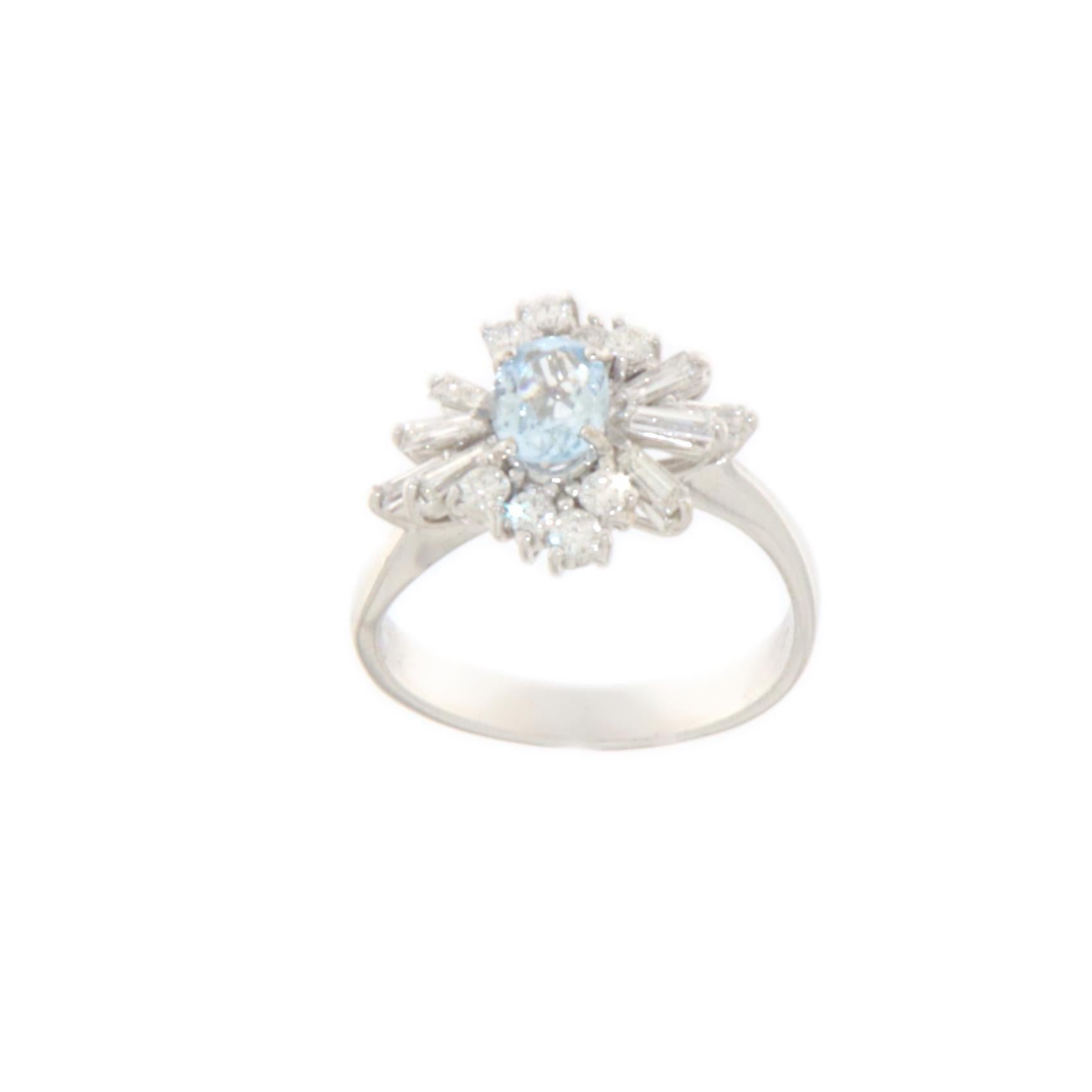 Artisan Brazilian Aquamarine Diamonds 18 Karat White Gold Cocktail Ring For Sale