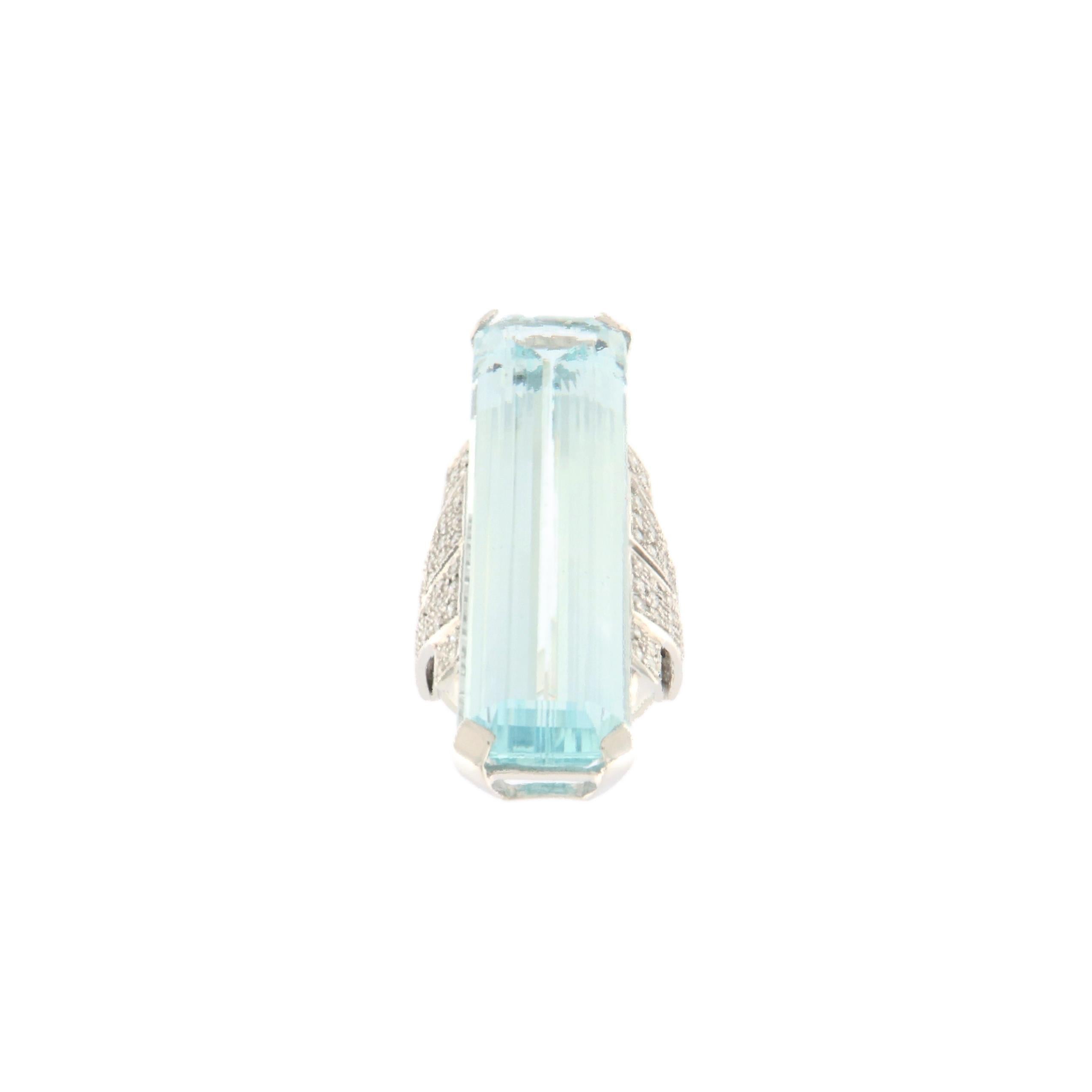 Artisan Brazilian Aquamarine Diamonds 18 Karat White Gold Cocktail Ring For Sale