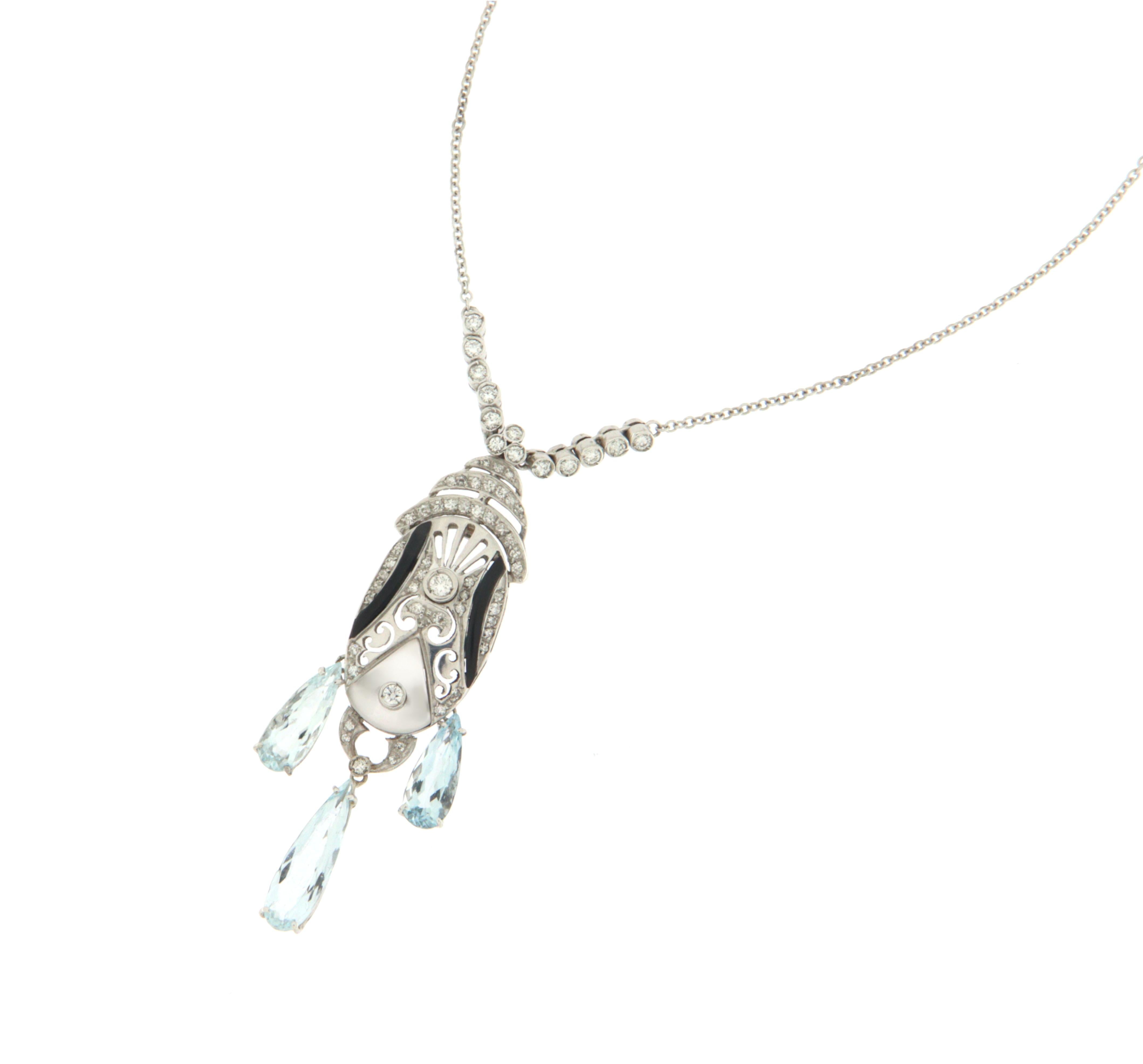 Retro Brazilian Aquamarine Diamonds Crystal Onyx White Gold 14 Carats Drop Necklace For Sale