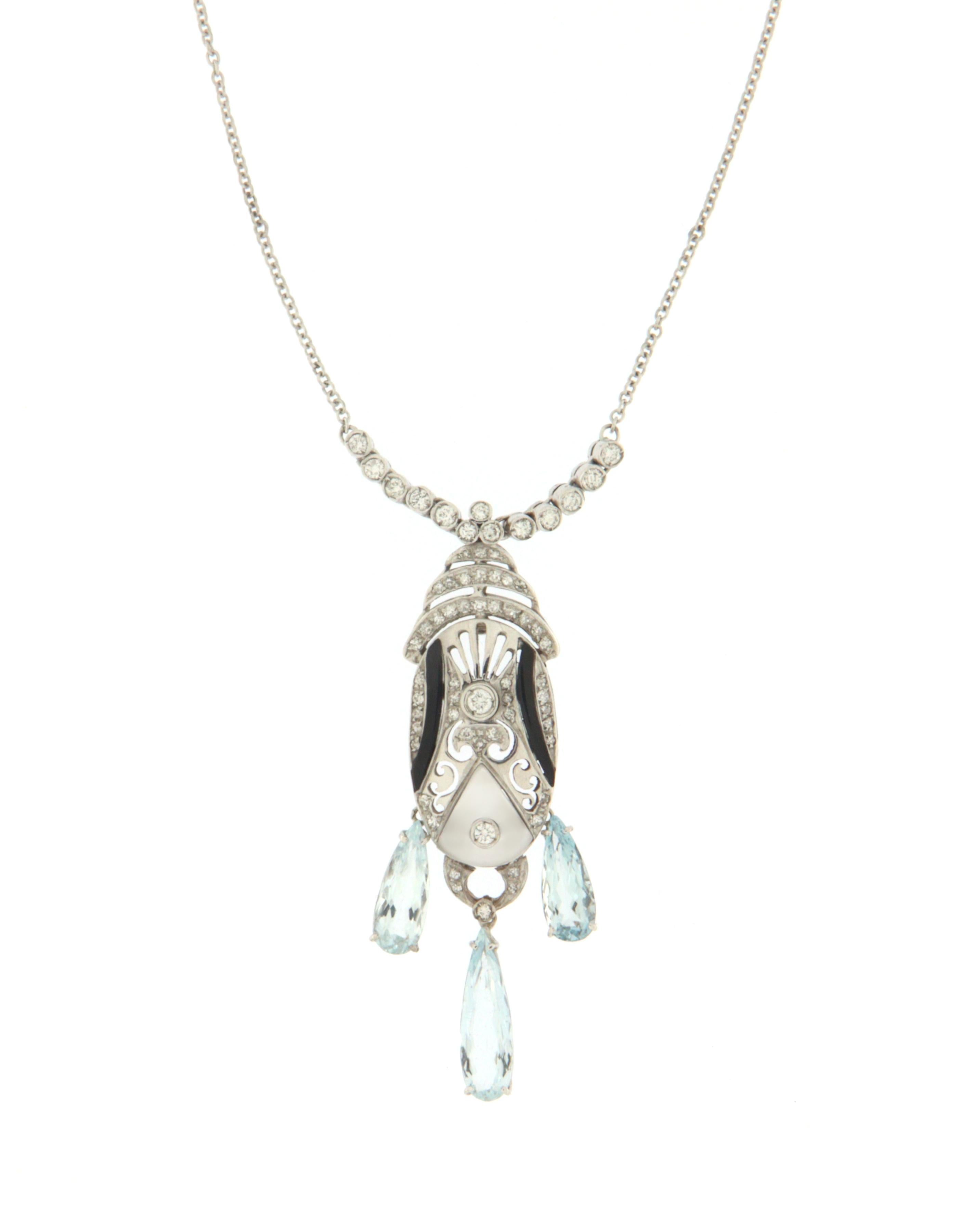 Round Cut Brazilian Aquamarine Diamonds Crystal Onyx White Gold 14 Carats Drop Necklace For Sale