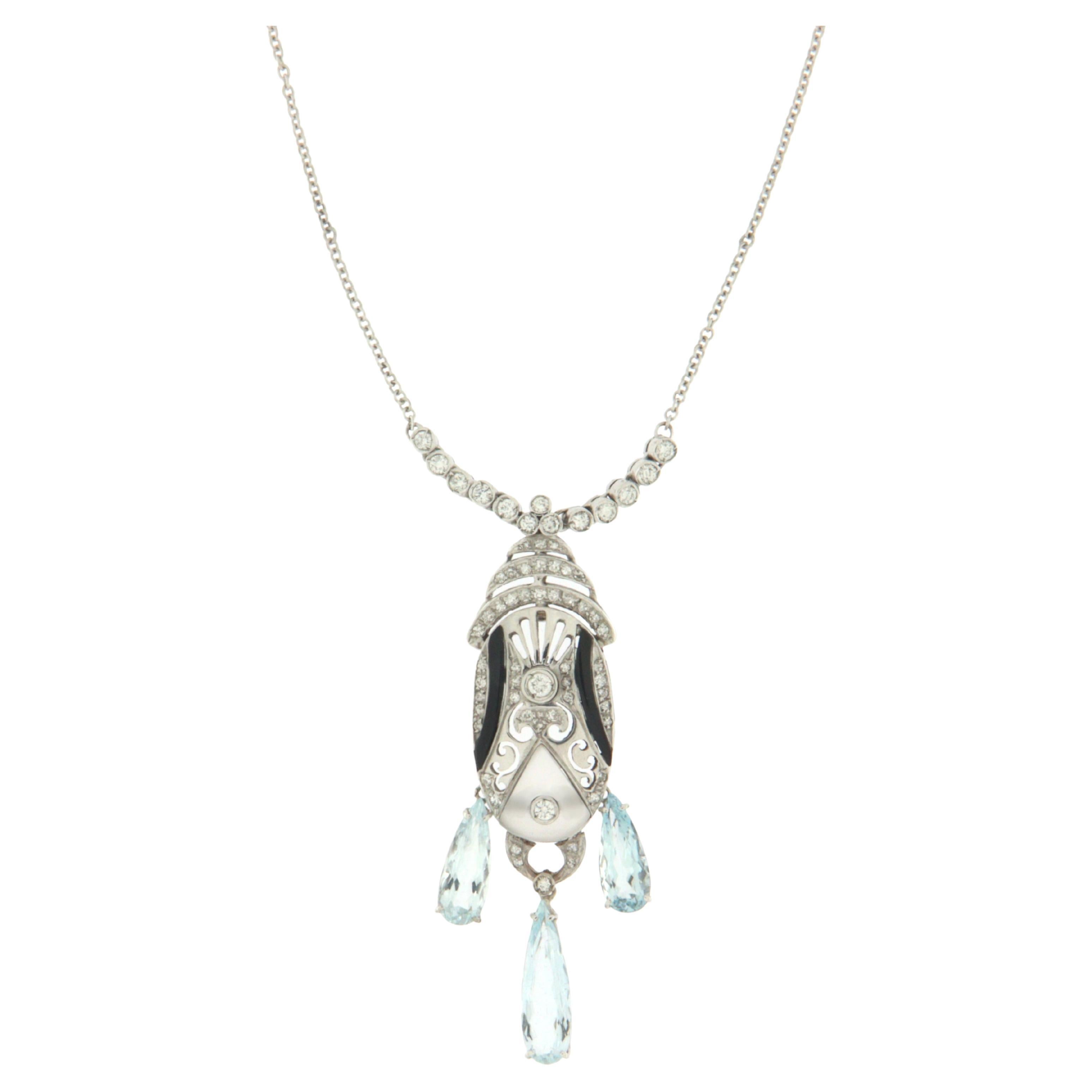 Brazilian Aquamarine Diamonds Crystal Onyx White Gold 14 Carats Drop Necklace For Sale