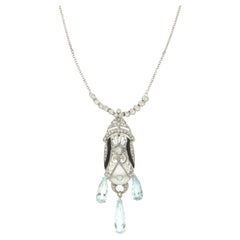 Collier en goutte en or blanc 14 carats avec aigue-marine du Brésil, diamants, cristal et onyx