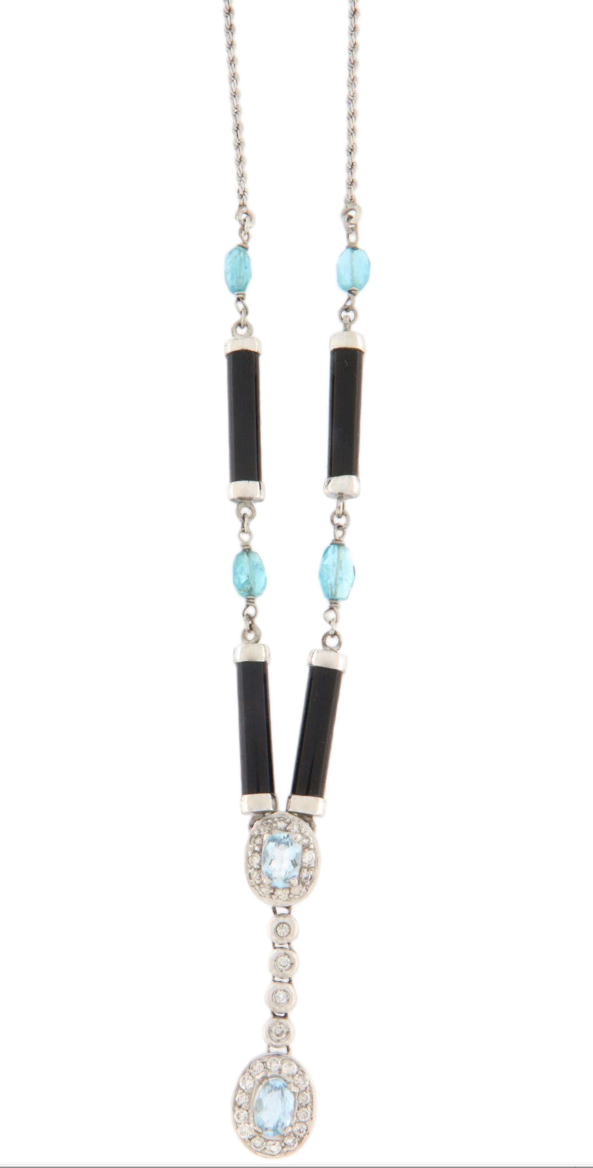 Brasilianischer Aquamarin Diamanten Onyx 18 Karat Weißgold Anhänger Halskette im Zustand „Neu“ im Angebot in Marcianise, IT